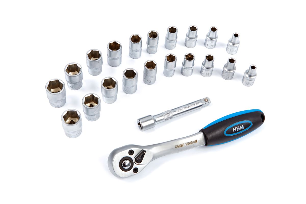 Ratchet profesional HBM de 1/4 pulgadas incluye 20 casquillos y extensión