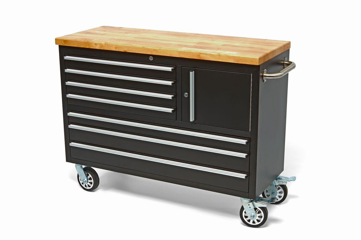 Carro de herramientas HBM móvil, banco de trabajo con superficie de madera de 122 cm, negro