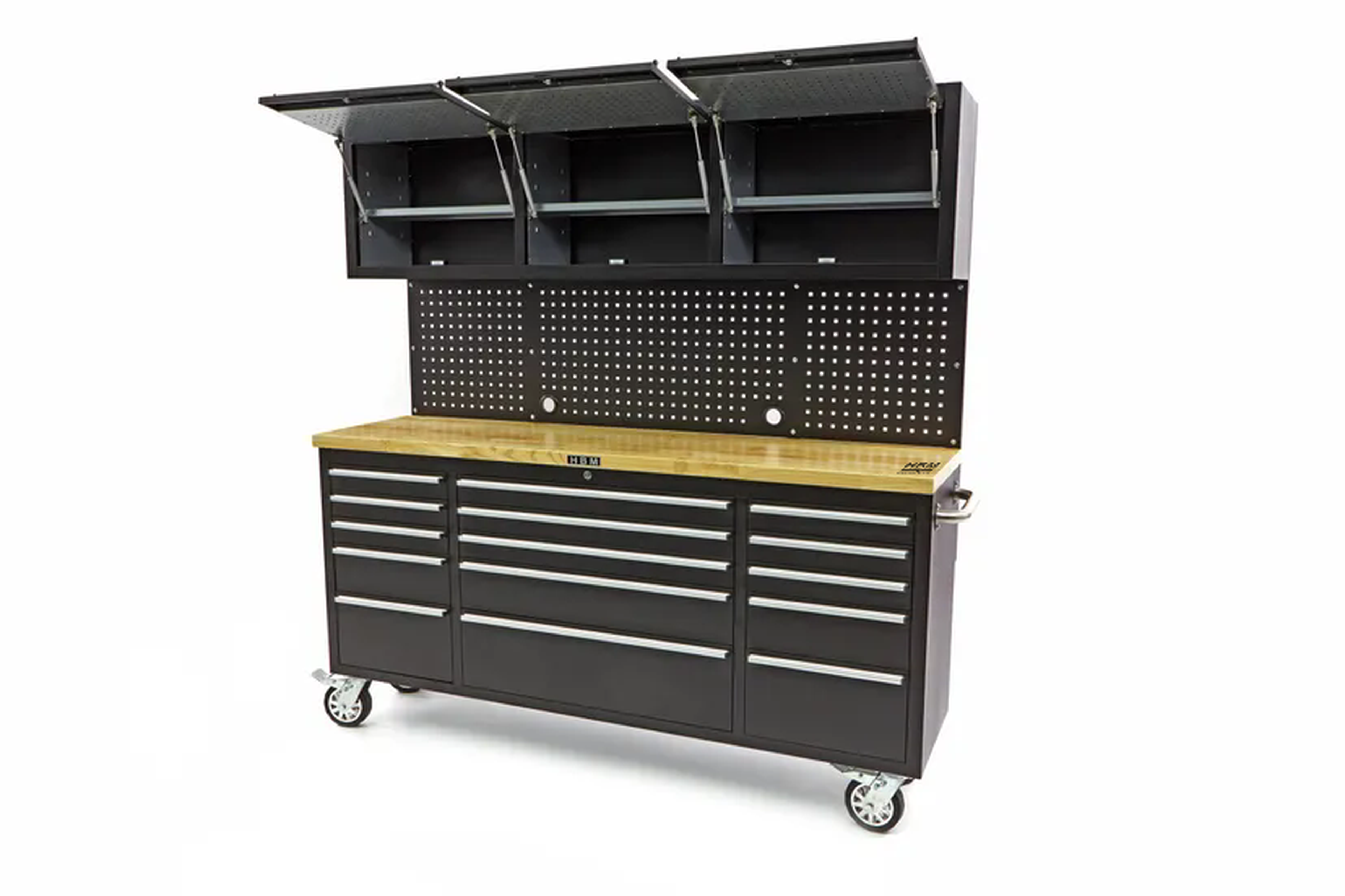 HBM banco da lavoro 182 cm con 15 cassetti, parete con armadio e pannello posteriore, piano di lavoro in legno, nero Image 8