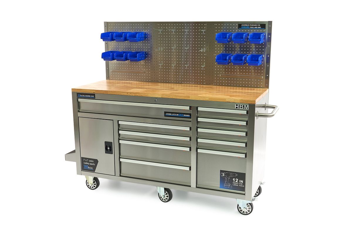HBM banco de trabajo 158 cm con 10 cajones, puerta y panel trasero, acero inoxidable