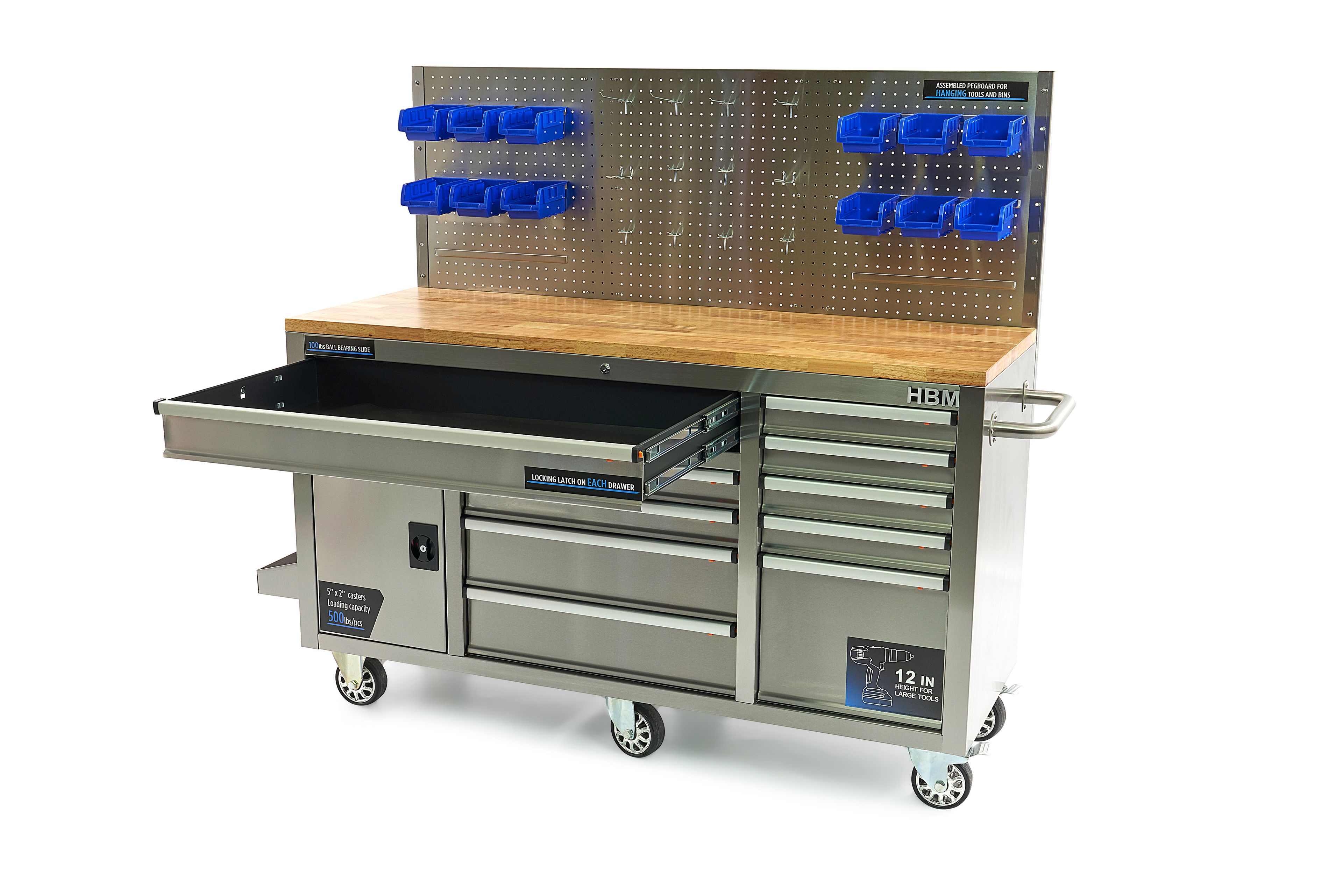 HBM werkbank 158 cm met 10 laden, deur en achterwand, RVS Image 4