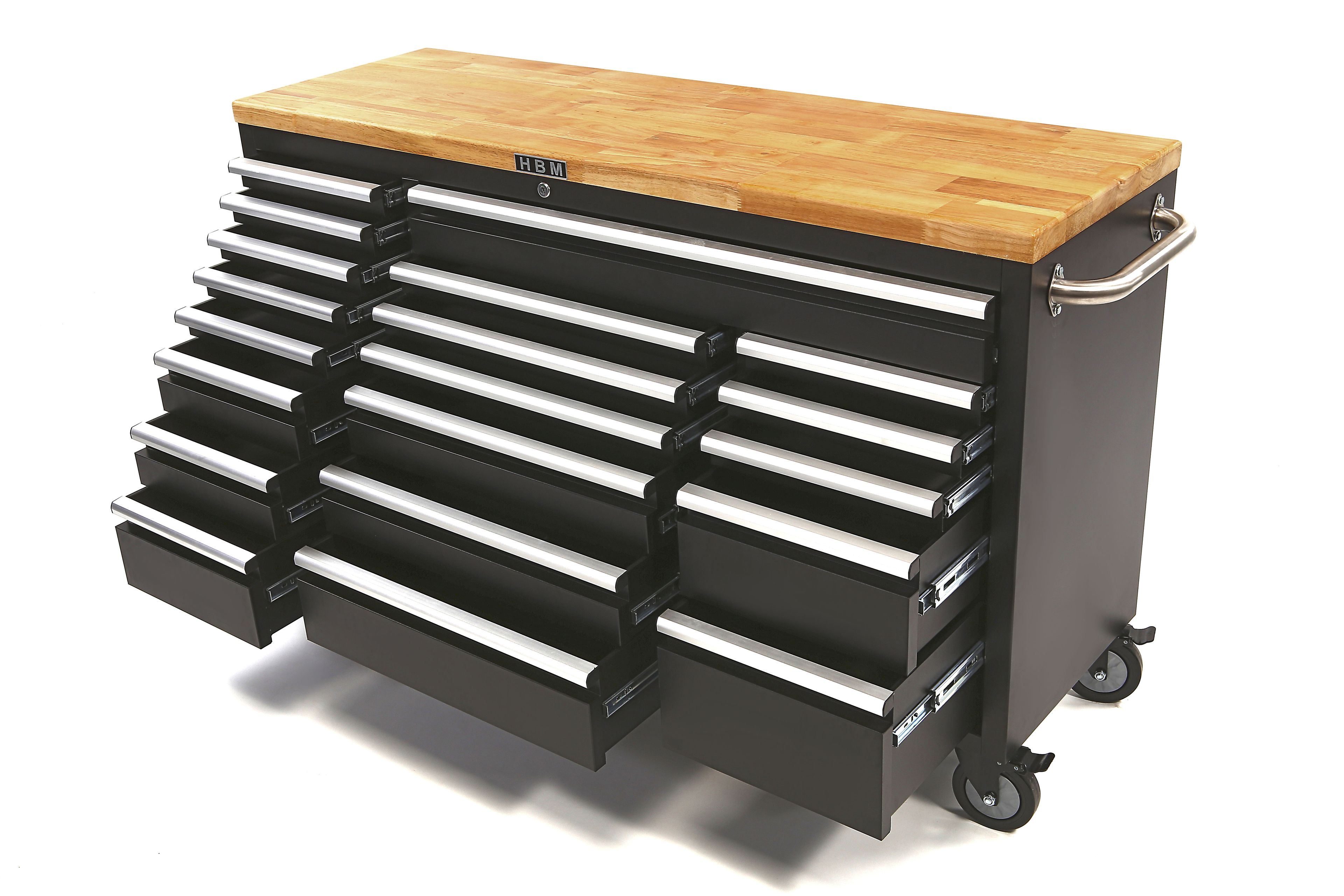 HBM mobiler Werkzeugwagen mit Holzarbeitsplatte, 146 cm, schwarz Image 2