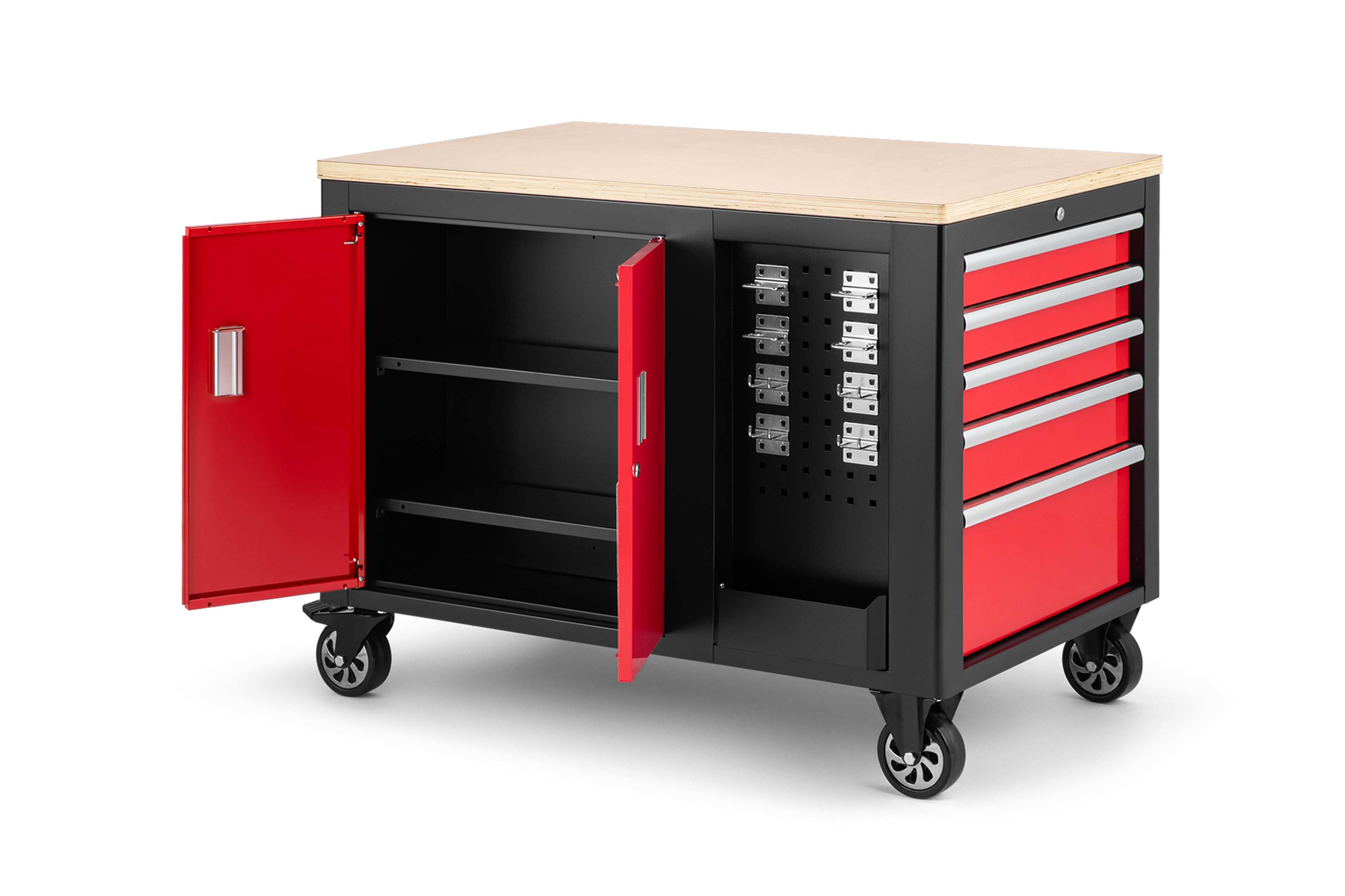 HBM fahrbare Werkbank mit Holzplatte und 10 Schubladen, rot-schwarz Image 7