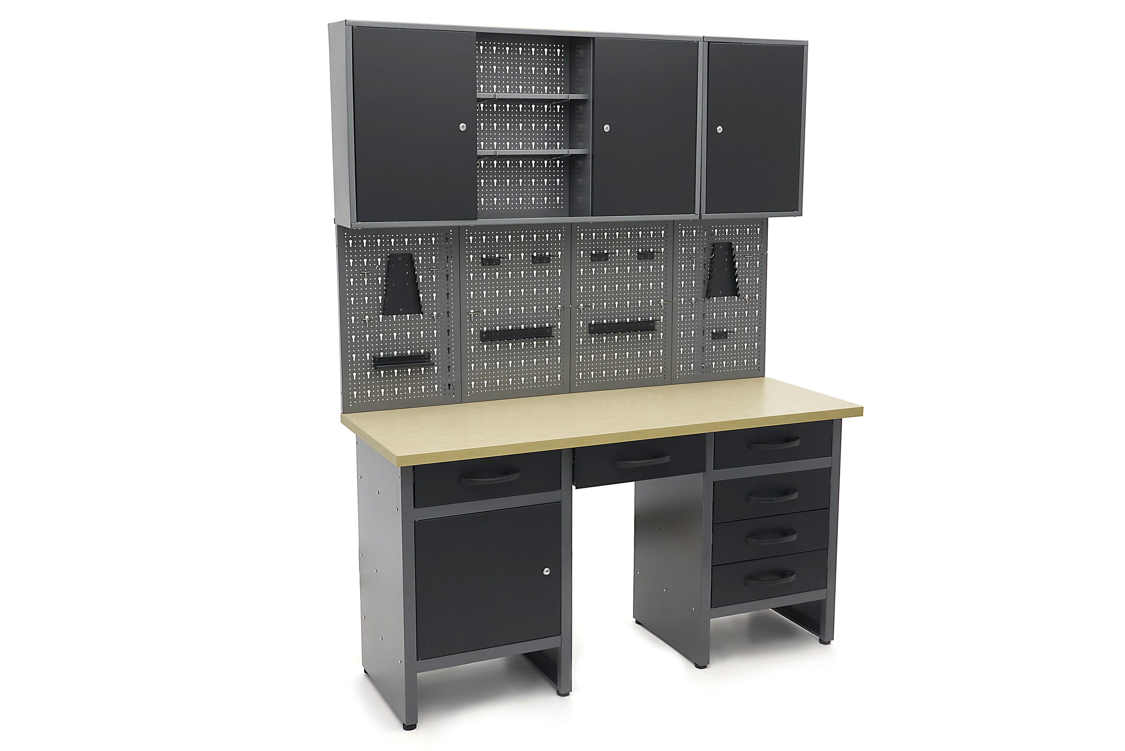 HBM werkbank 160 cm met 6 laden, kastenwand en achterwand, zwart, grijs Image 5