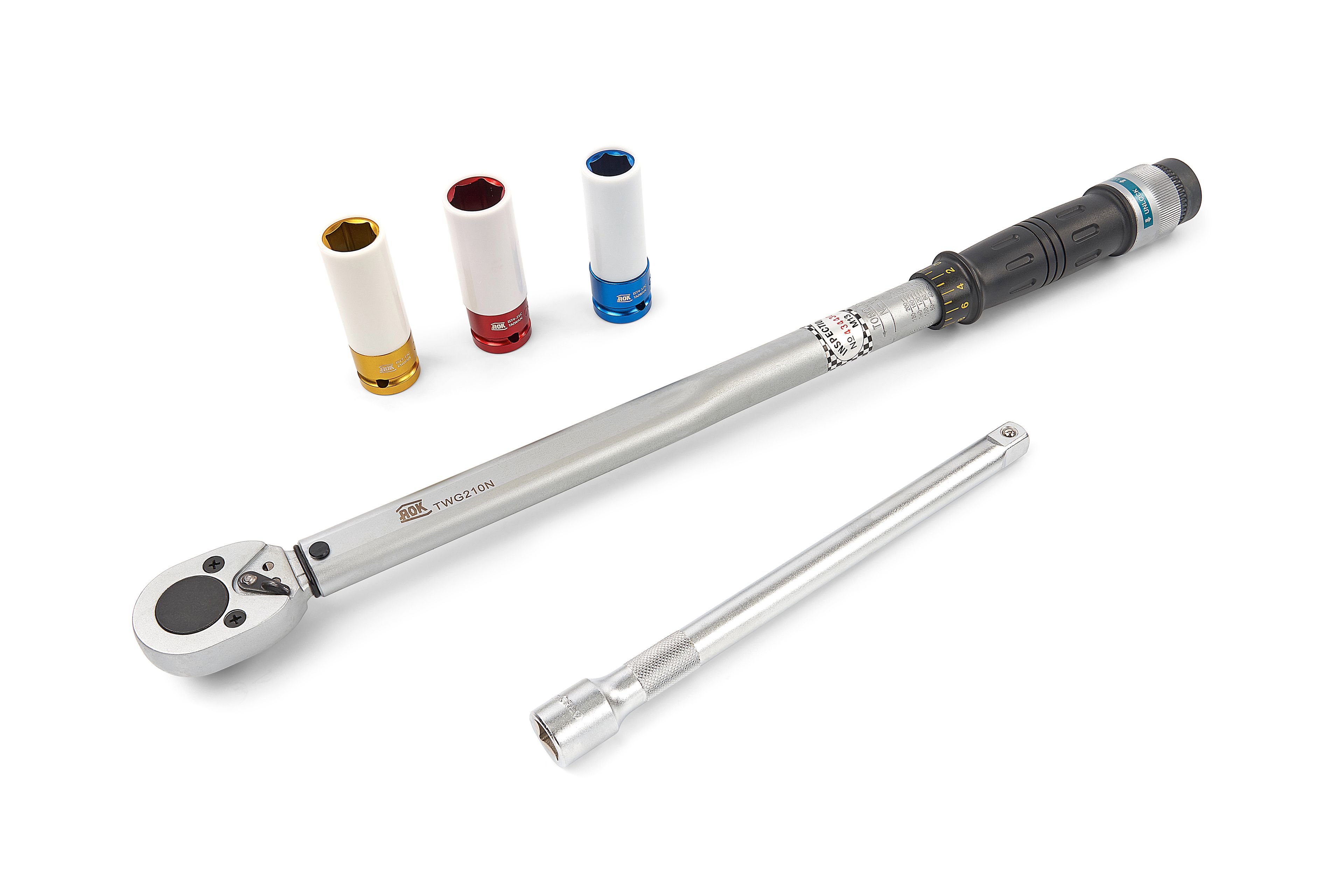 AOK 5 Delige 1/2 inch Momentsleutel 40-210 Nm Inclusief 3 Krachtdoppen en Verlengstuk