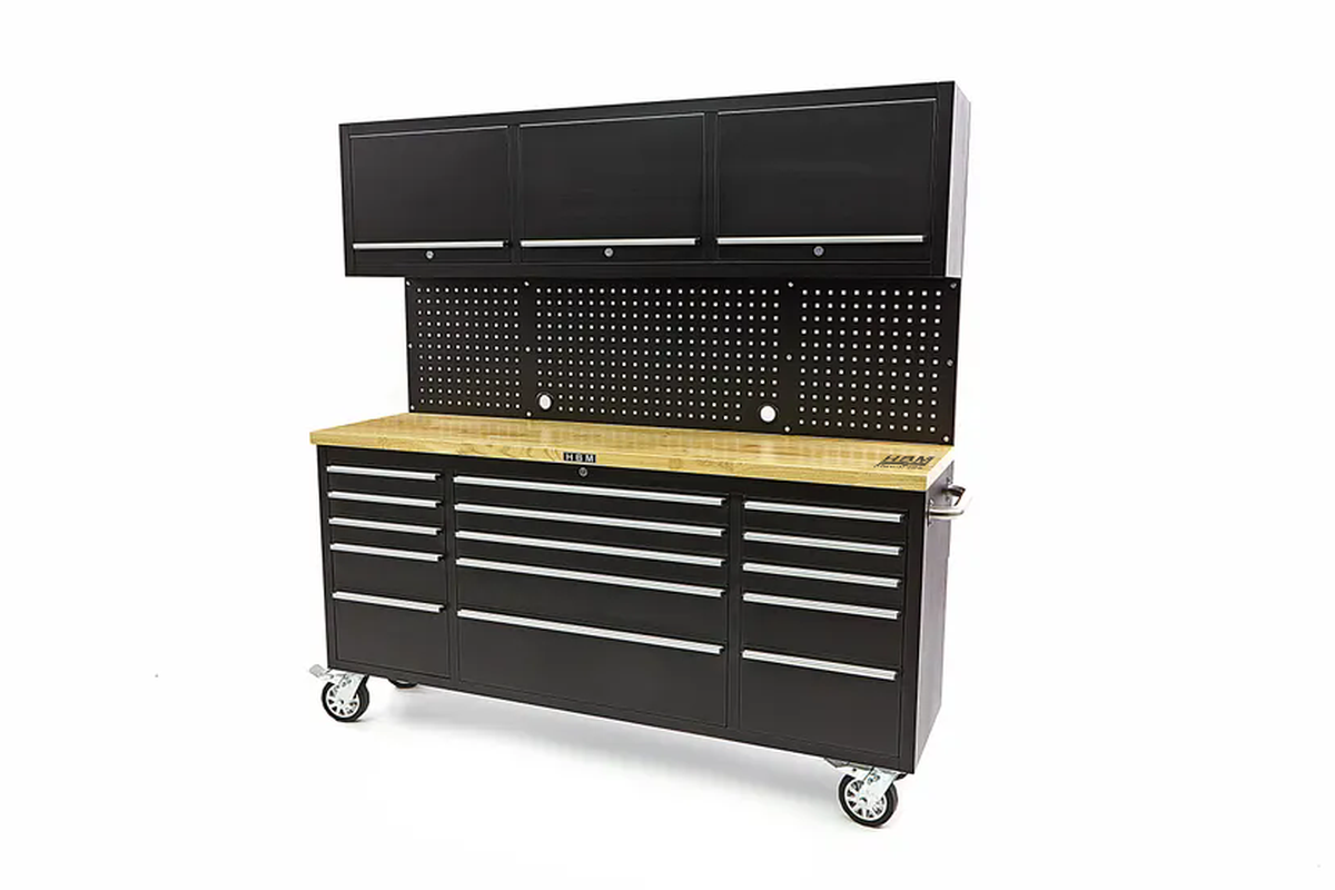 HBM banco de trabajo 182 cm con 15 cajones, pared de armario y panel trasero, encimera de madera, negro