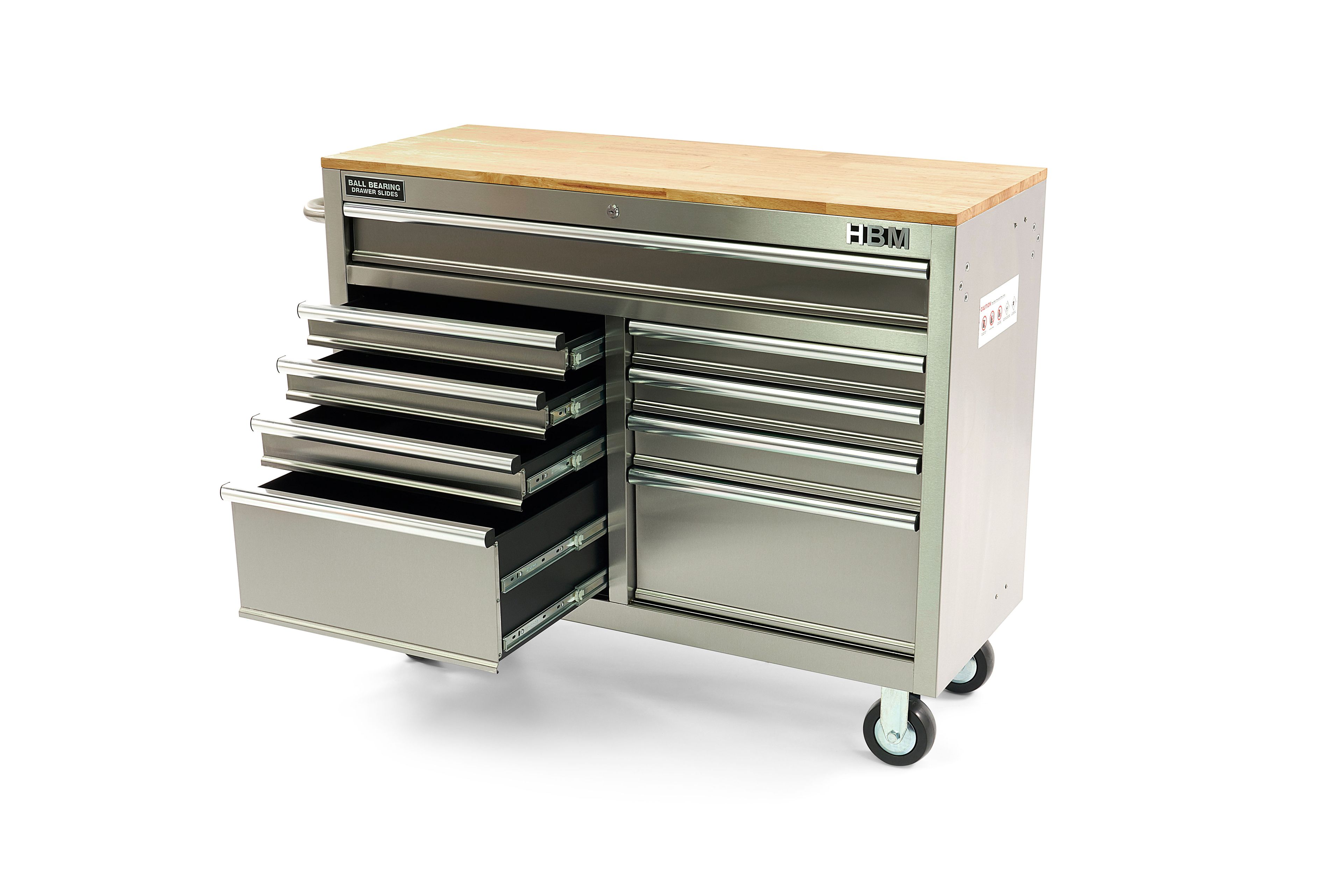 HBM fahrbarer Werkzeugwagen mit Holzarbeitsplatte, 117 cm, Edelstahl Image 4