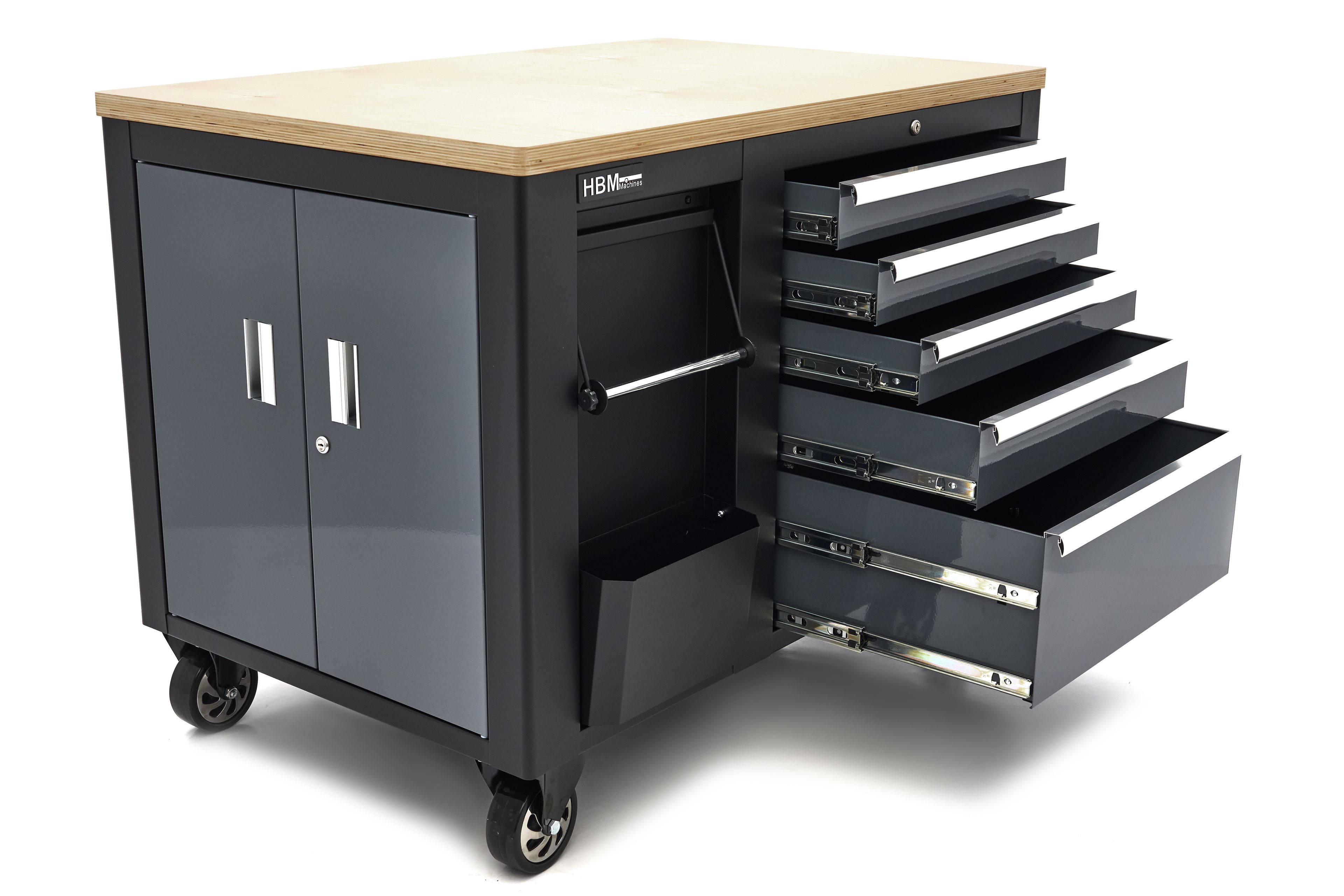 HBM verrijdbare gereedschapswagen, werkbank 114 cm met houten werkblad, zwart/grijs Image 15