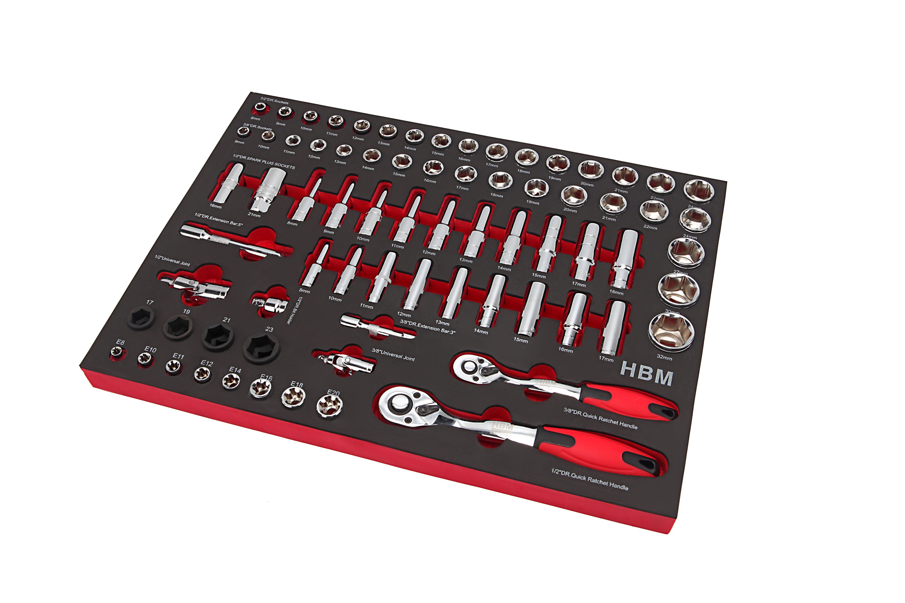 HBM Professionale 74 Pezzi 3/8, 1/2 pollice Set di Bussole Foam Inlay