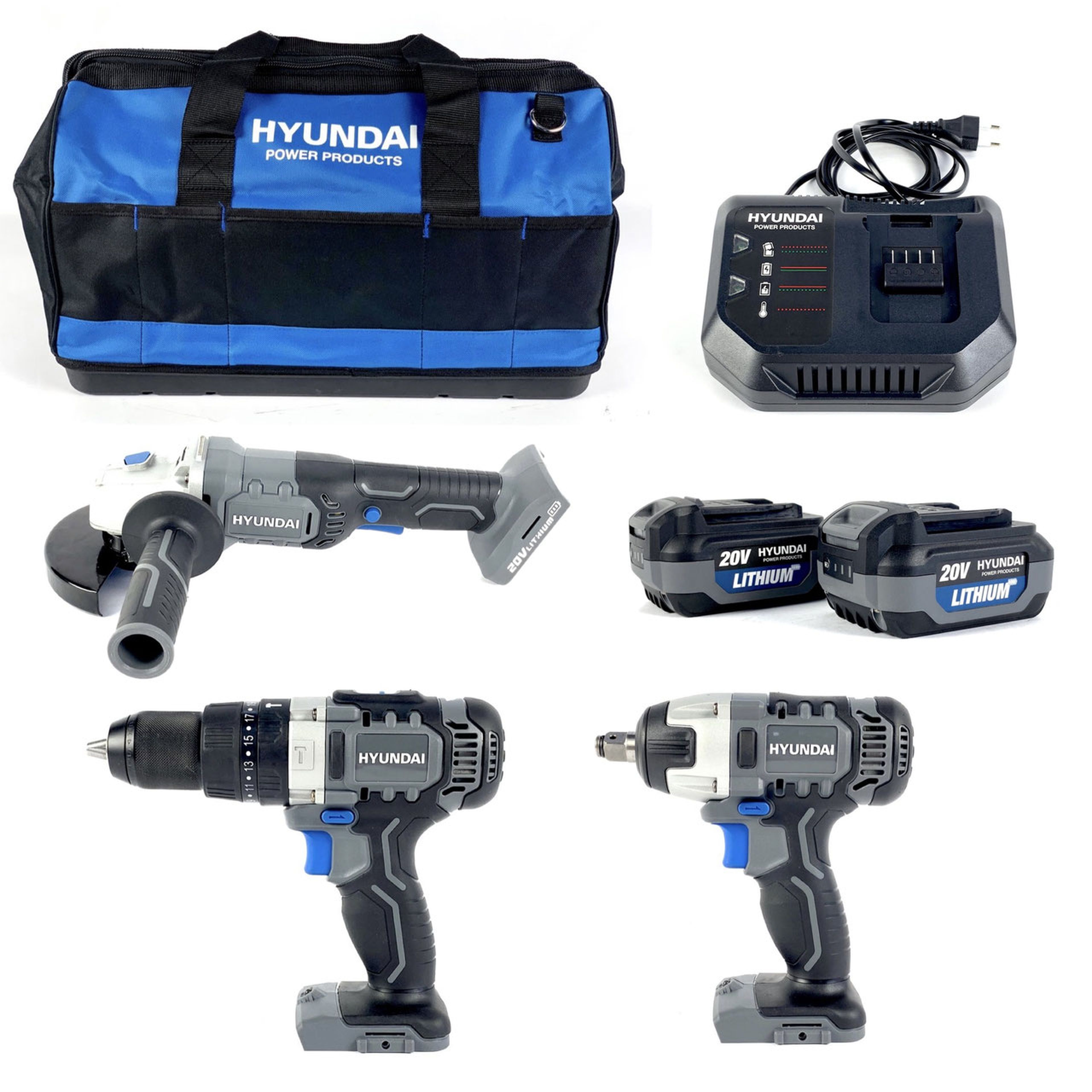 Hyundai 56871FF set professionale a batteria – Smerigliatrice angolare / Chiave a percussione / Trapano a batteria 20V – 5.0 AH Include 2 batterie e borsa di stoccaggio