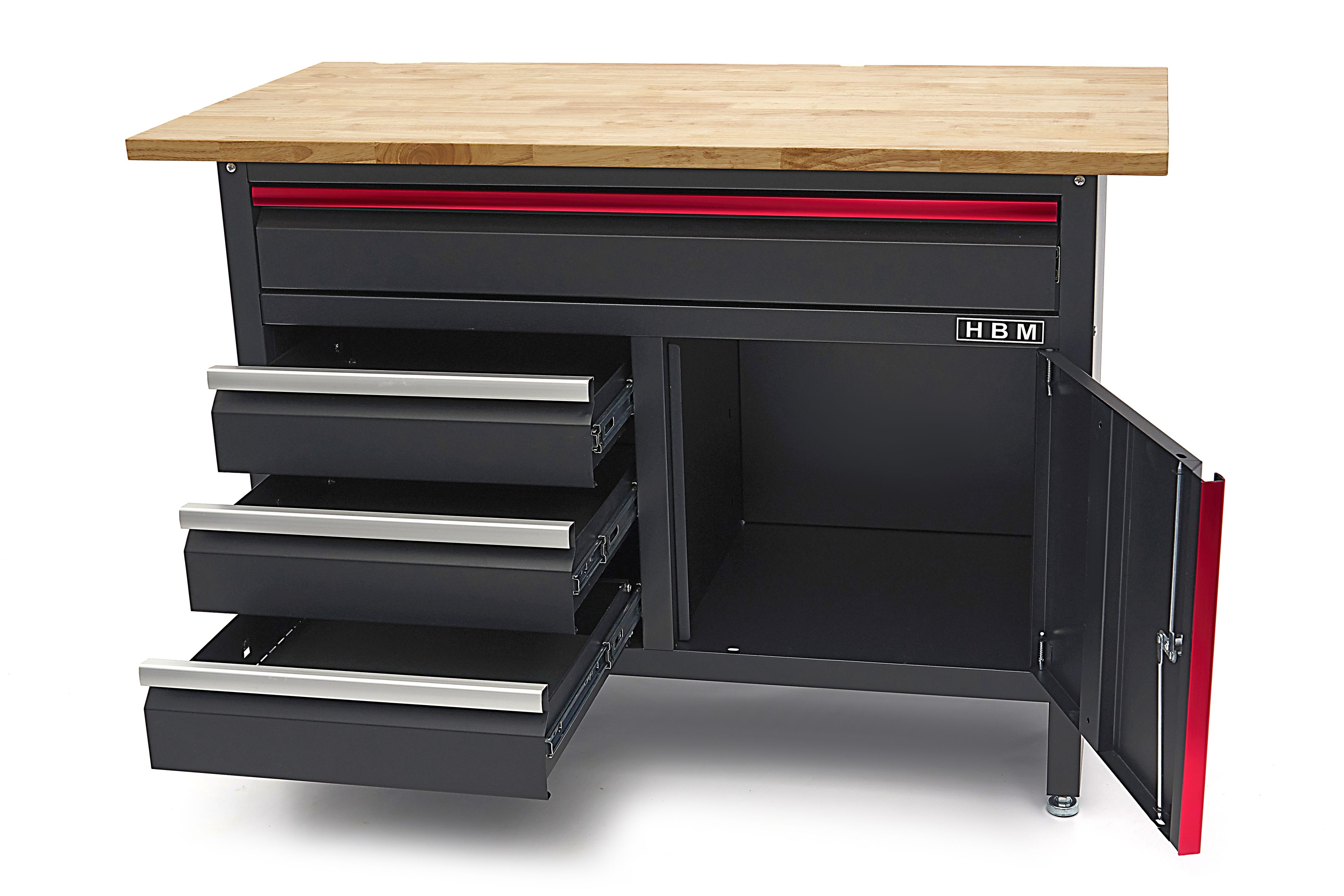 HBM Werkbank 120 cm mit 4 Schubladen, 1 Tür und Holzplatte - Schwarz Image 6