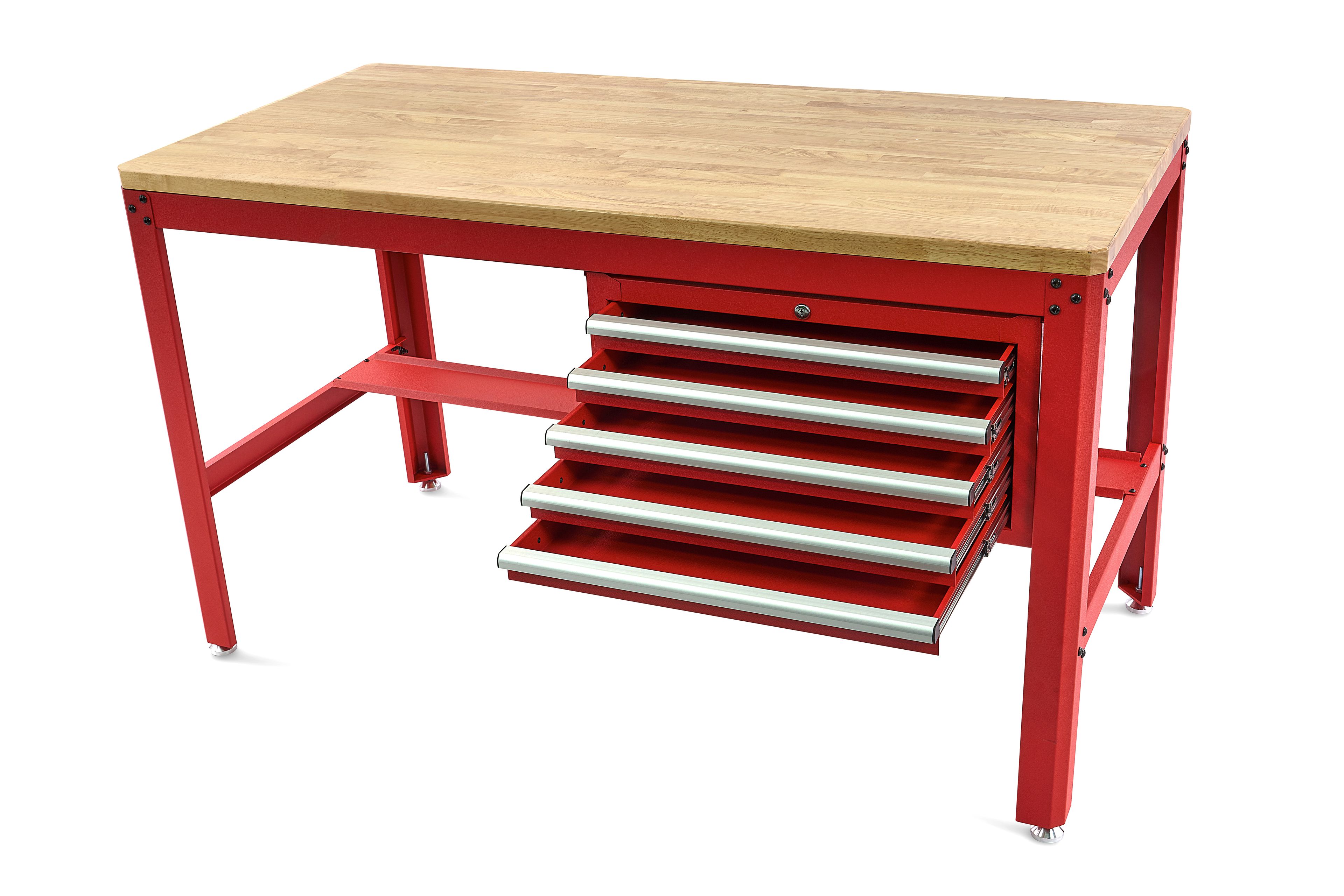 HBM établi 155 cm avec 5 tiroirs, plan de travail en bois, rouge Image 2