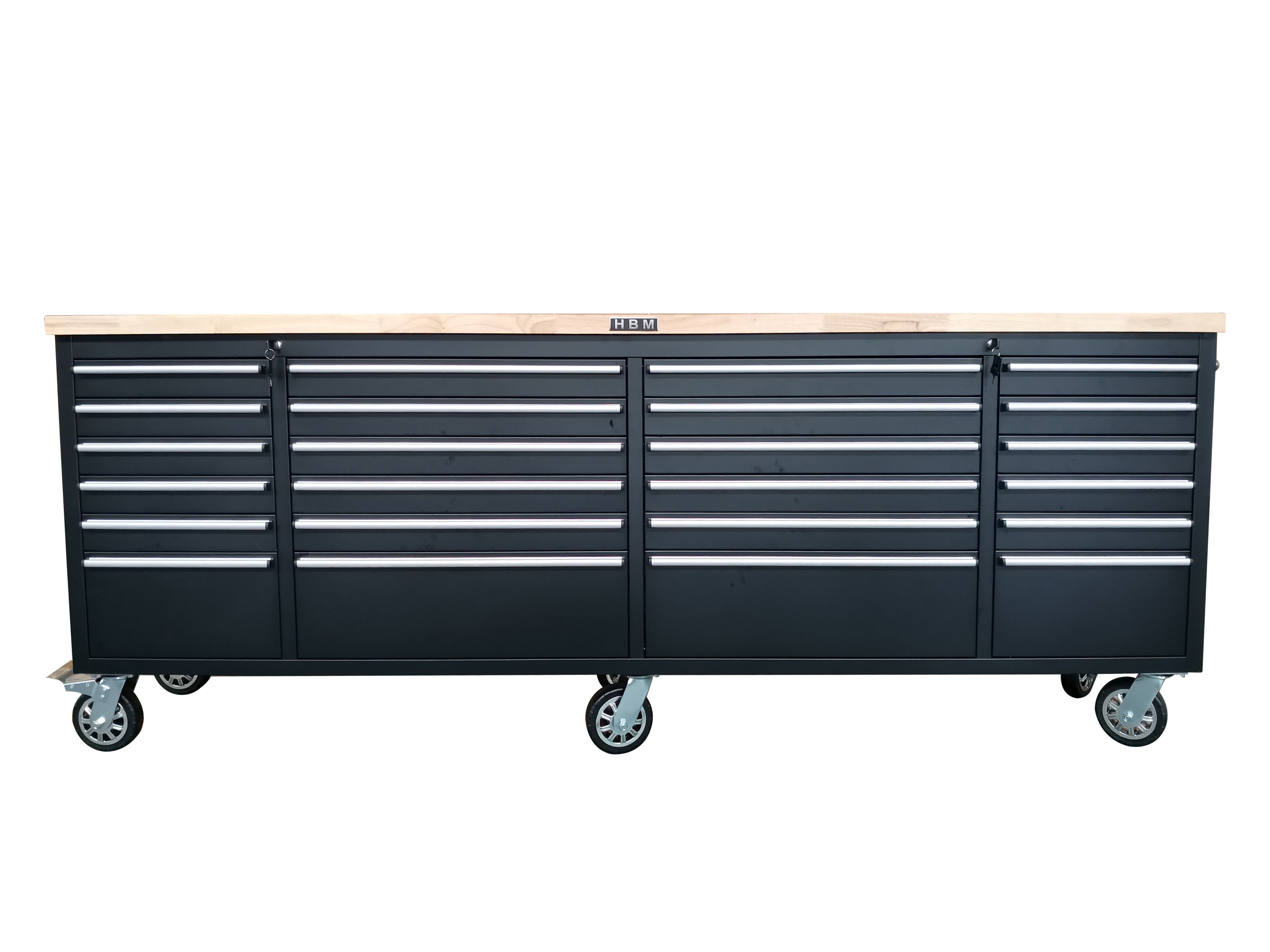 HBM Werkzeugwagen mit Holzarbeitsplatte, 258 cm, schwarz