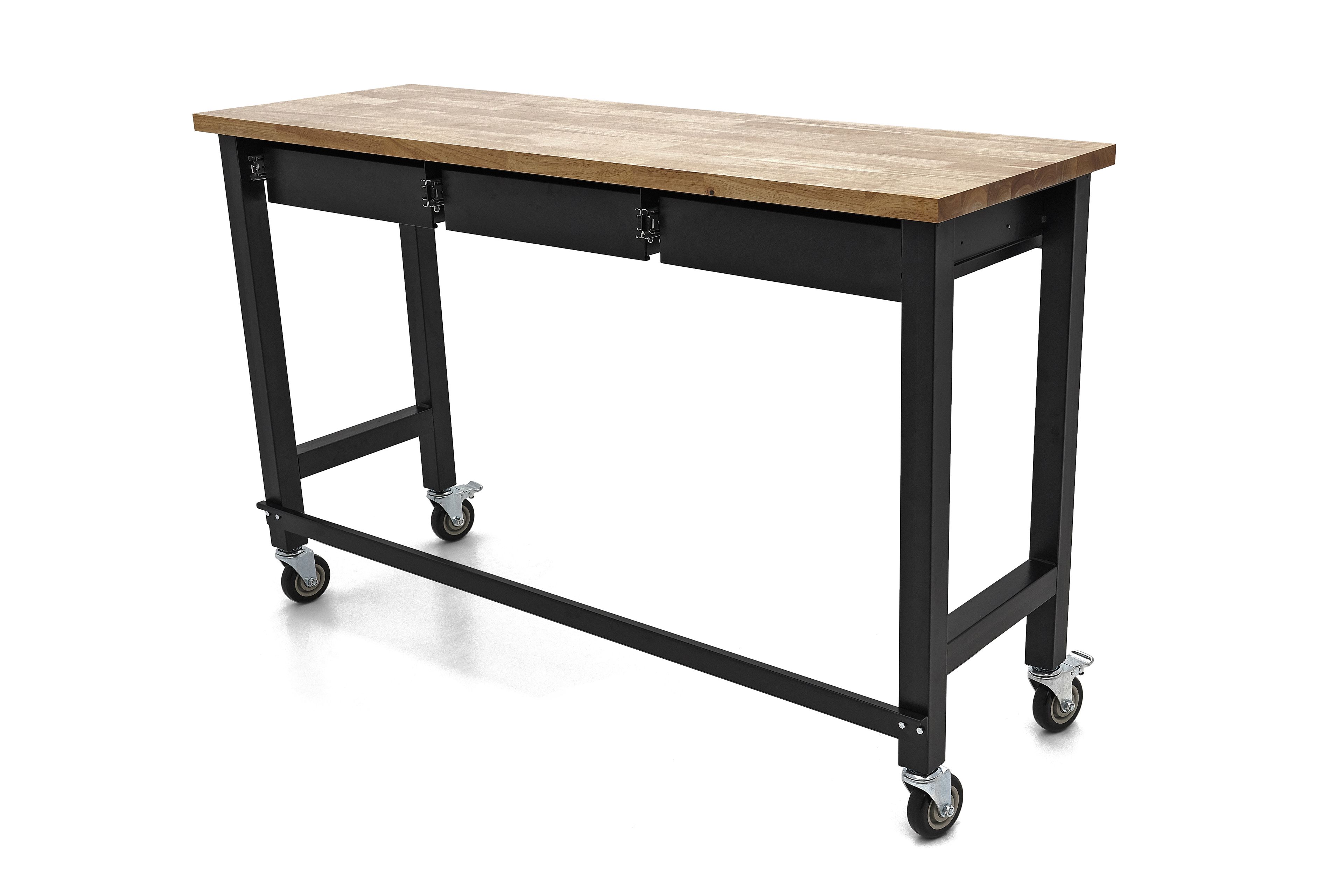 HBM werkbank 152 cm verrijdbaar met 3 laden, massief houten werkblad, zwart Image 3