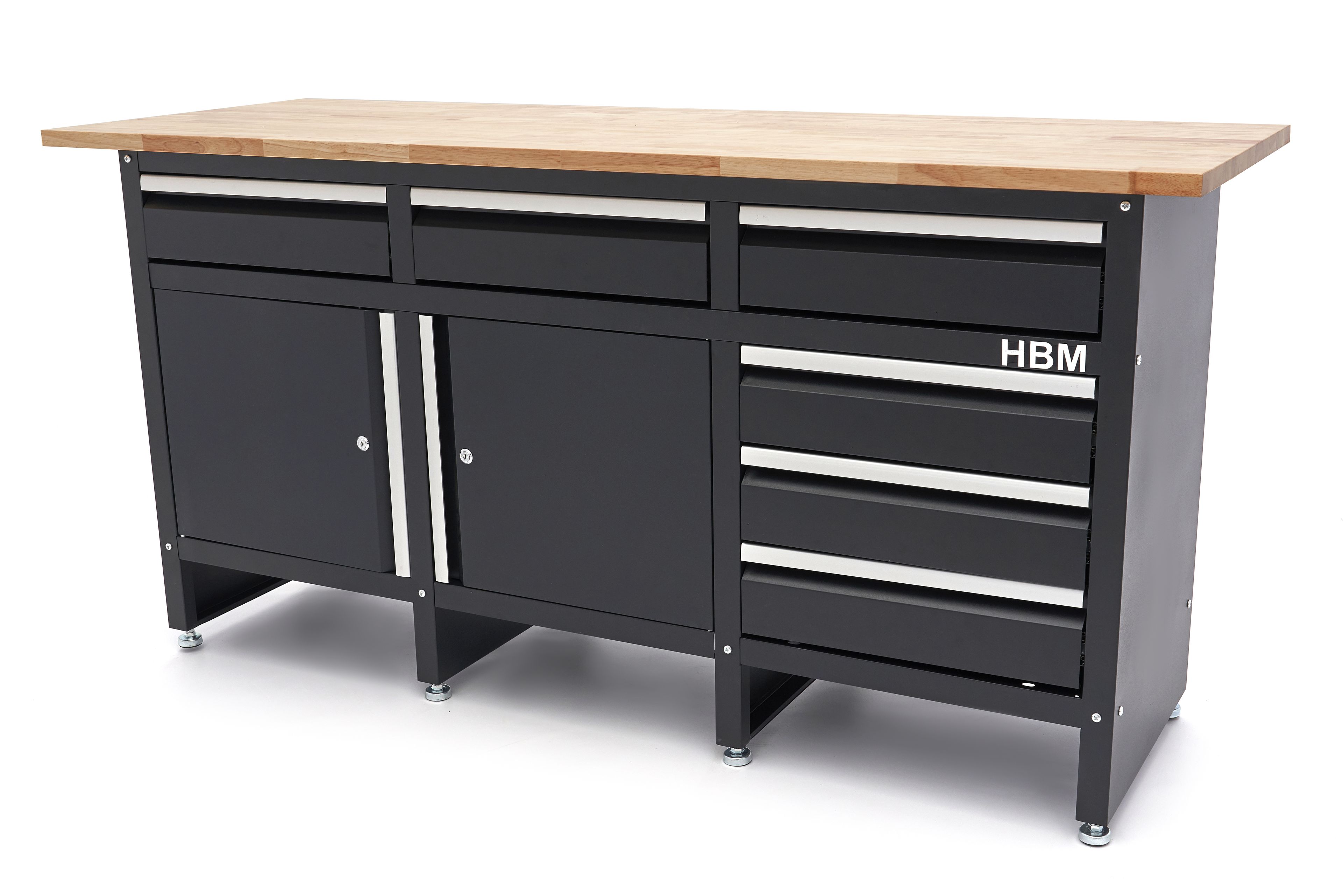 HBM Werkbank 171 cm mit 6 Schubladen und 2 Türen, massive Holzarbeitsplatte, schwarz Image 2
