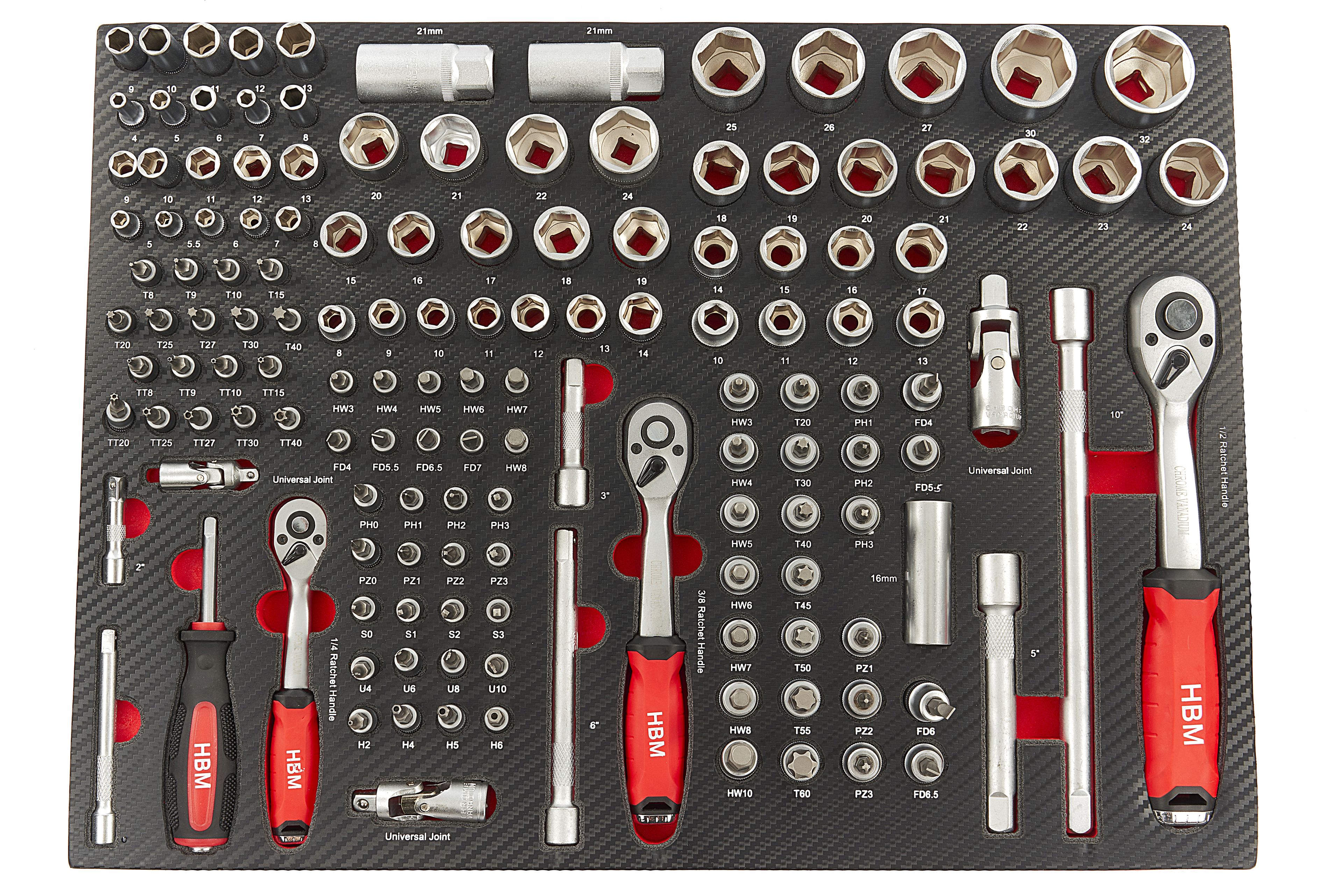 HBM 145 Delige Doppenset met Ratels in Carbon Foam inlay voor Gereedschapswagen