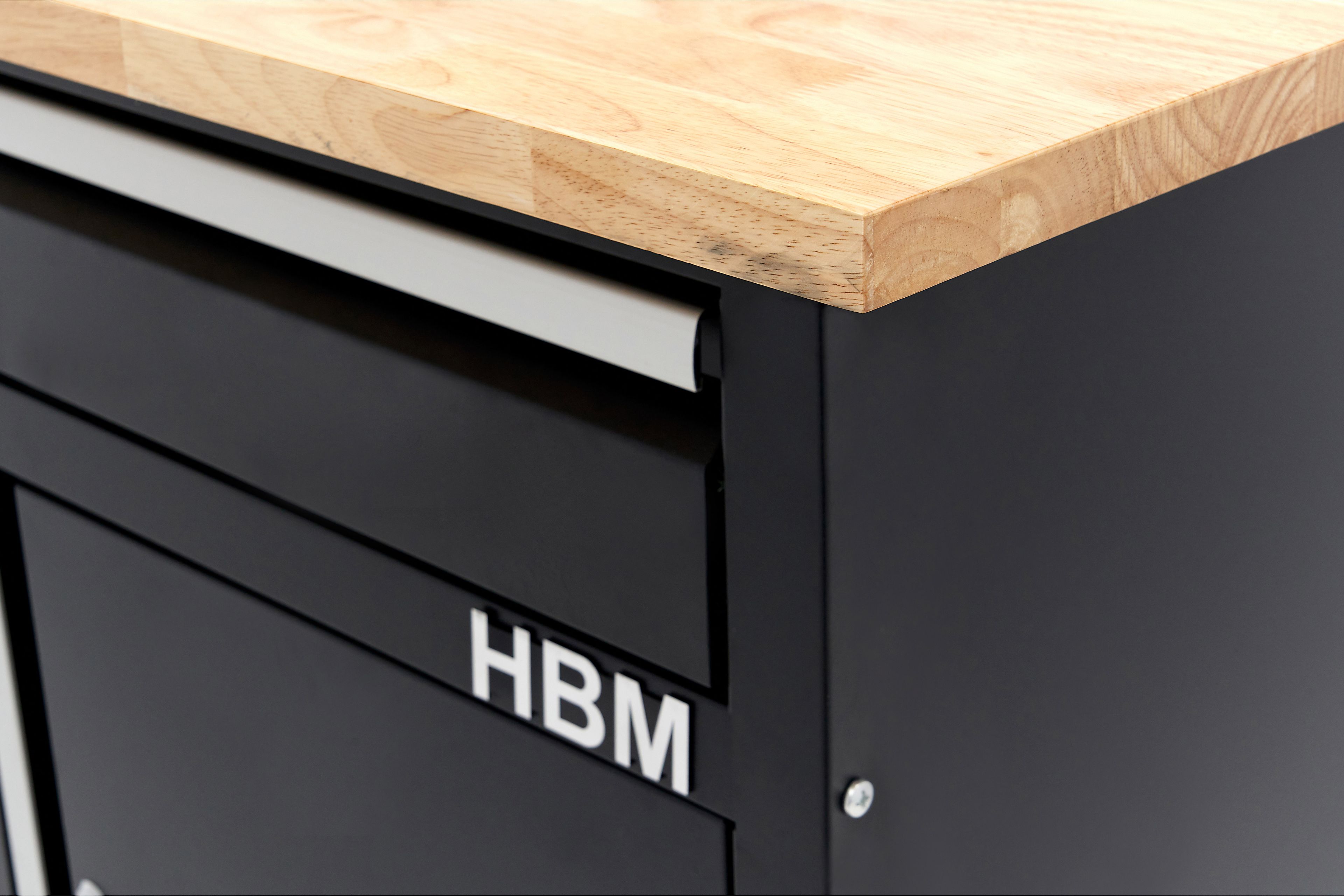 HBM banco da lavoro 120 cm con 5 cassetti e anta, piano di lavoro in legno massello, nero Image 10