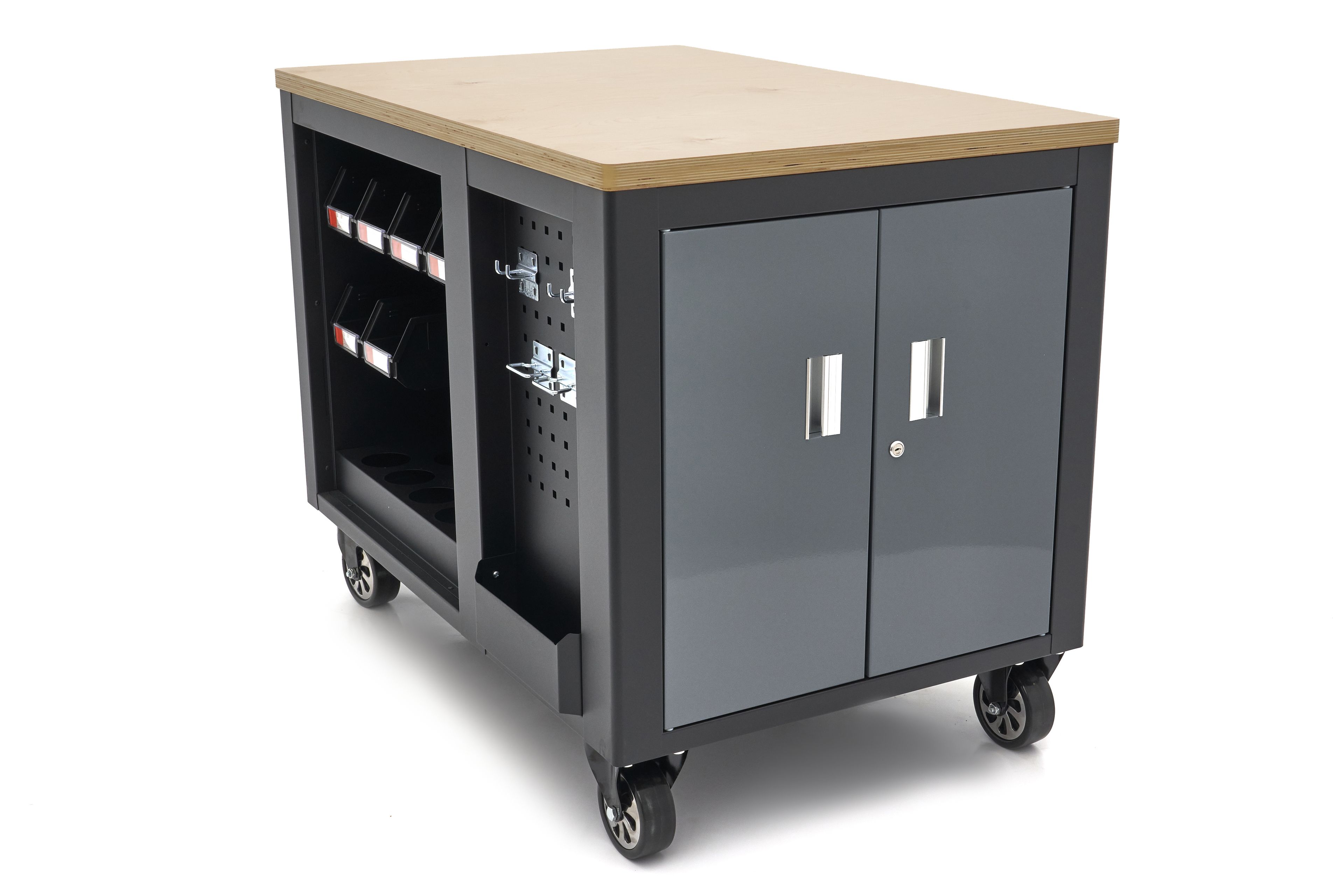 HBM verrijdbare gereedschapswagen, werkbank 114 cm met houten werkblad, zwart/grijs Image 4