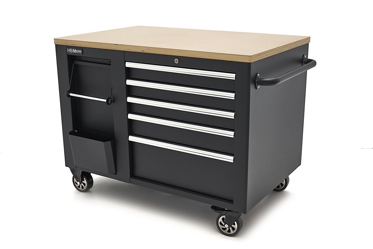 HBM Carro de herramientas móvil, banco de trabajo 114 cm con encimera de madera, negro