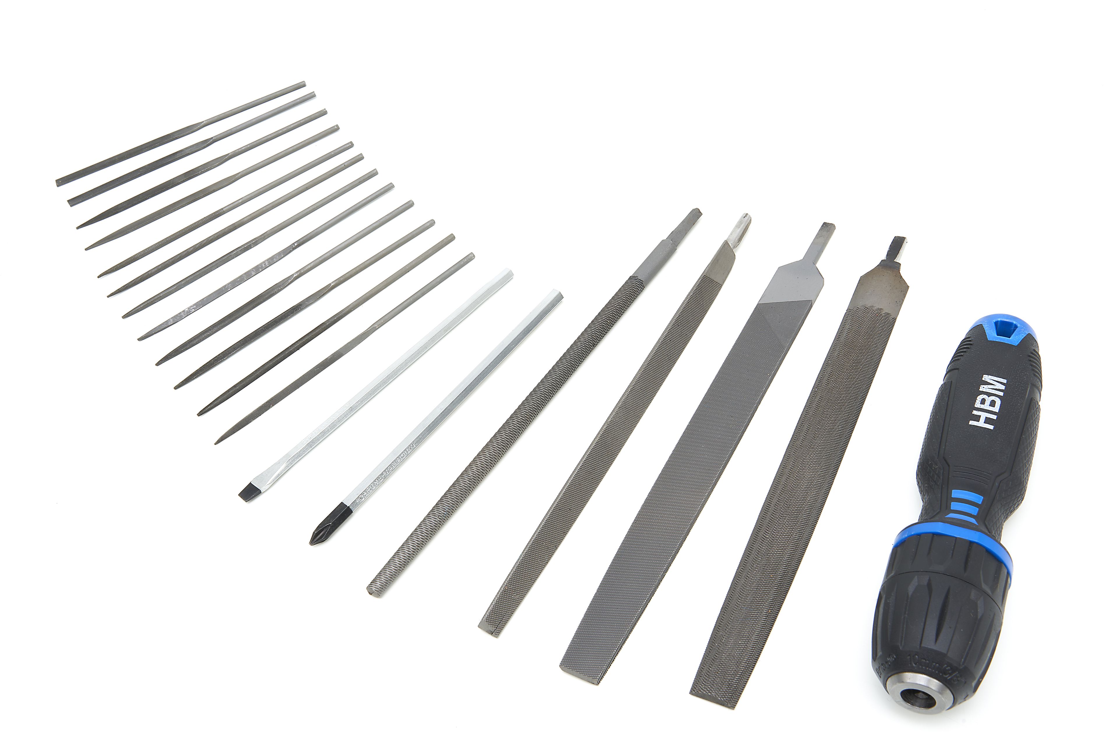 HBM Jeu de limes professionnelles 19 pièces avec poignée souple antidérapante dans une pochette de rangement