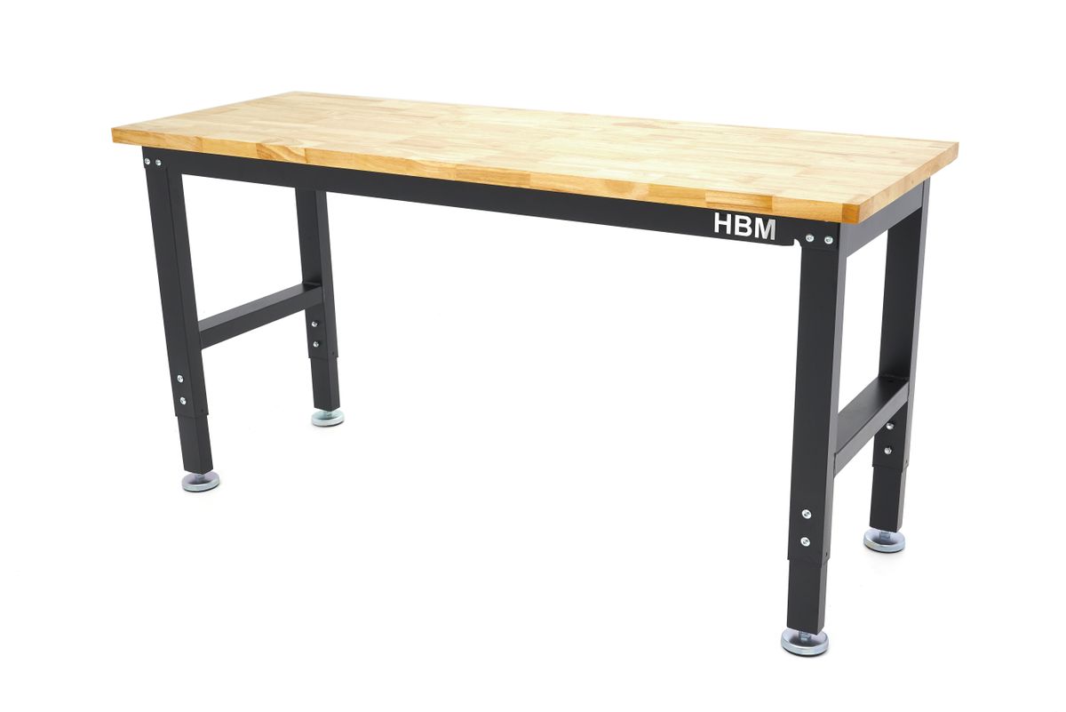 HBM banco de trabajo regulable en altura 152 cm, encimera de madera maciza, negro