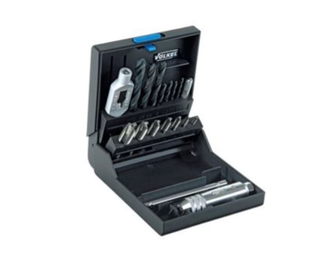 Volkel Kurze Maschinengewindebohrer-Set P.K.25, M3 - 12, mit Werkzeughalter, 16-teilig