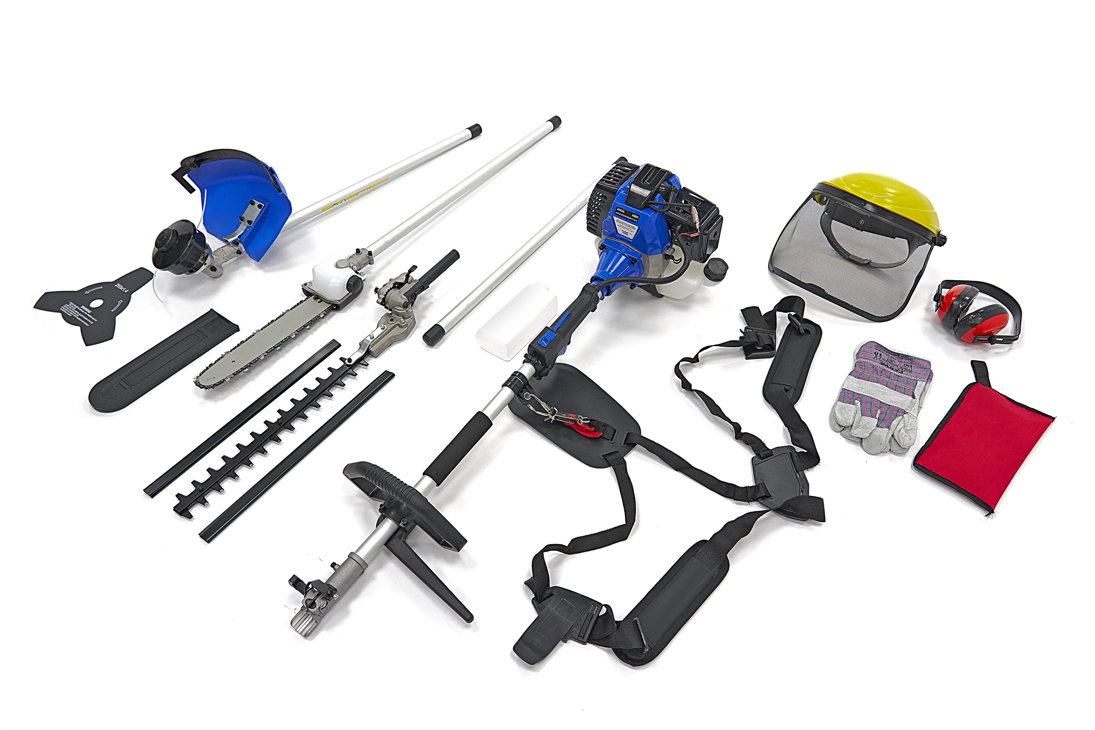 HBM 4 en 1 Desbrozador / Recortador de césped /  Cortadora de setos / Motosierra / Sierra de árbol - 52 cc Incluye Protección corporal