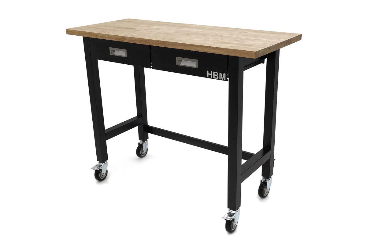 HBM banco de trabajo 122 cm con 2 cajones, móvil, encimera de madera maciza, negro