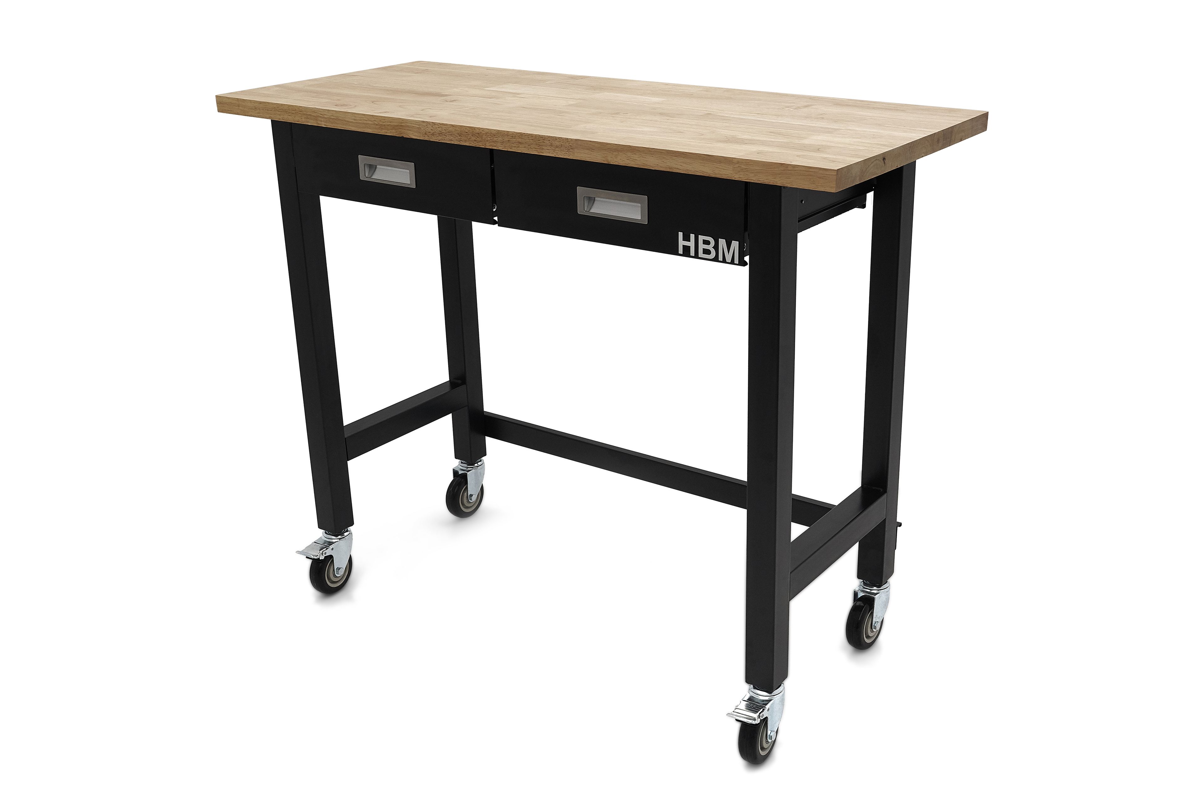 HBM banco da lavoro 122 cm con 2 cassetti, mobile, piano di lavoro in legno massello, nero