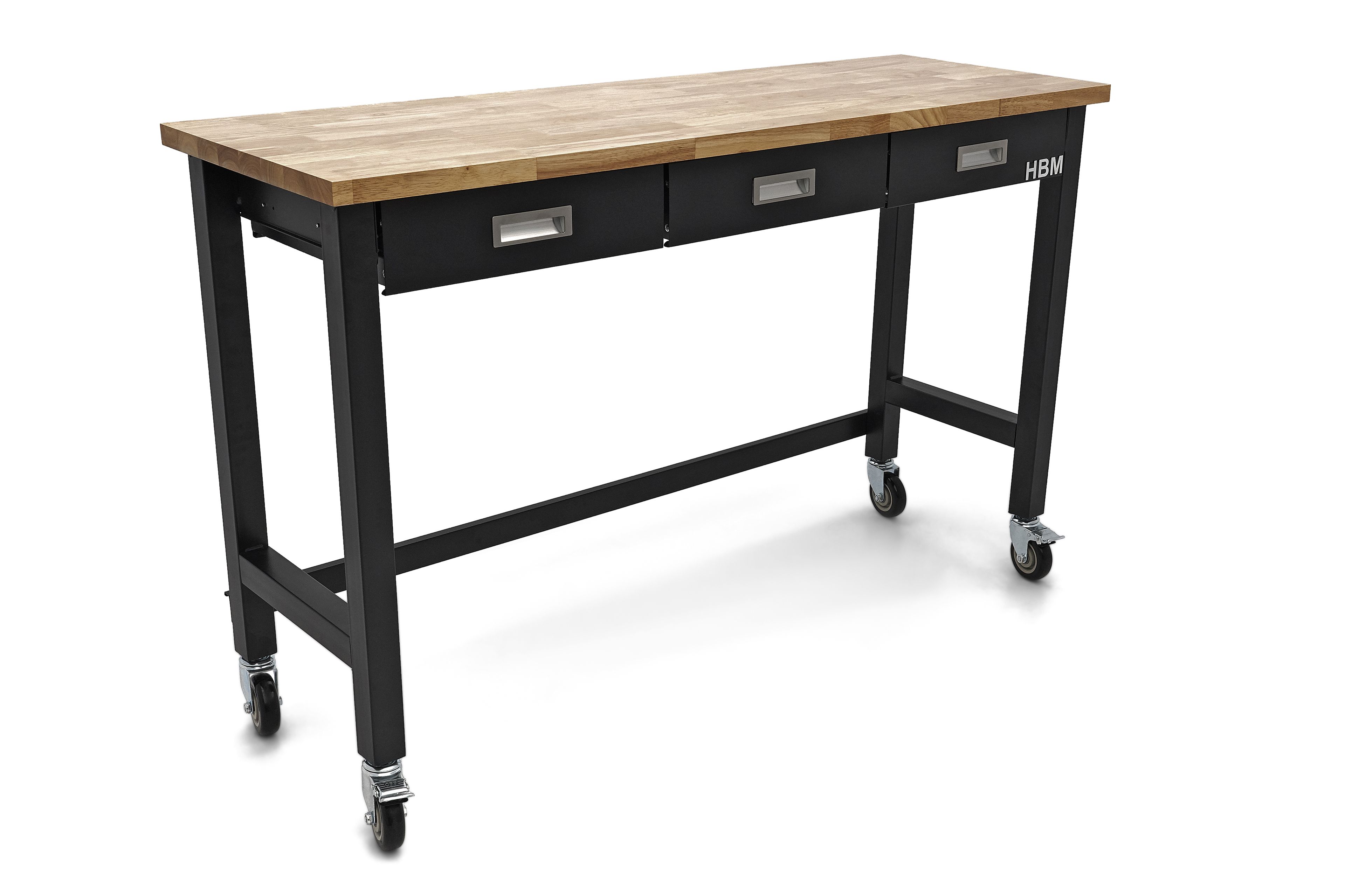 HBM werkbank 152 cm verrijdbaar met 3 laden, massief houten werkblad, zwart Image 2