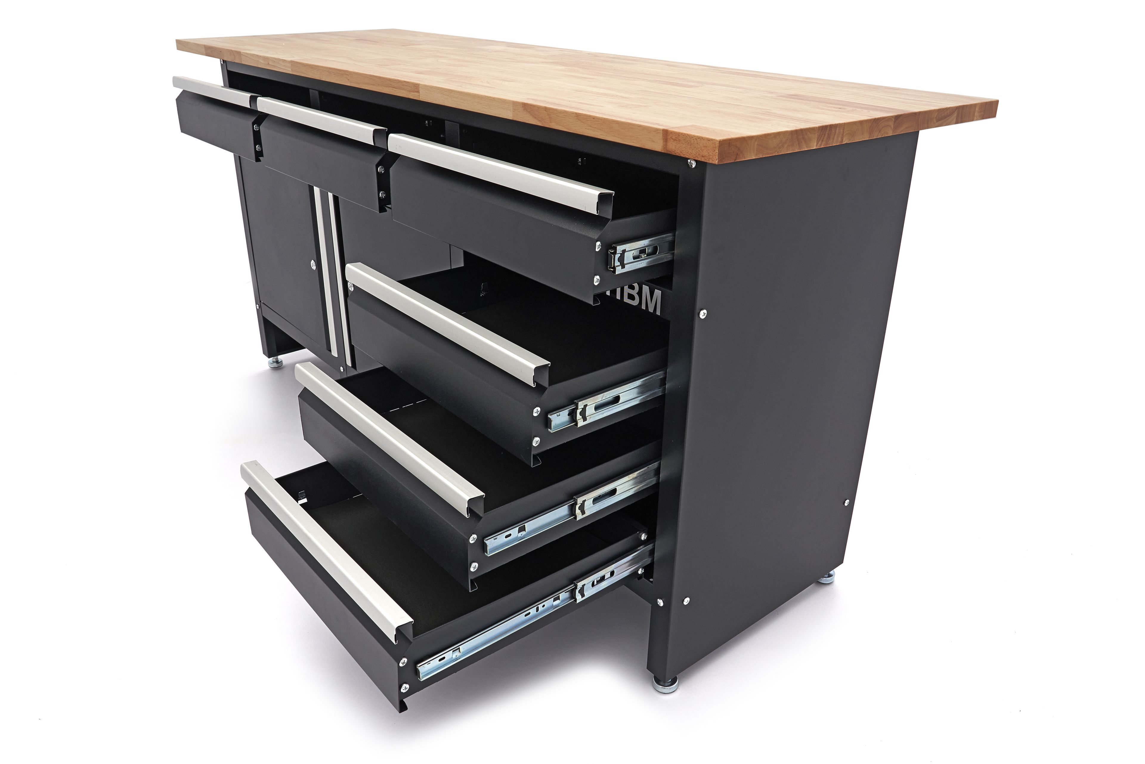 HBM Werkbank 171 cm mit 6 Schubladen und 2 Türen, massive Holzarbeitsplatte, schwarz Image 6
