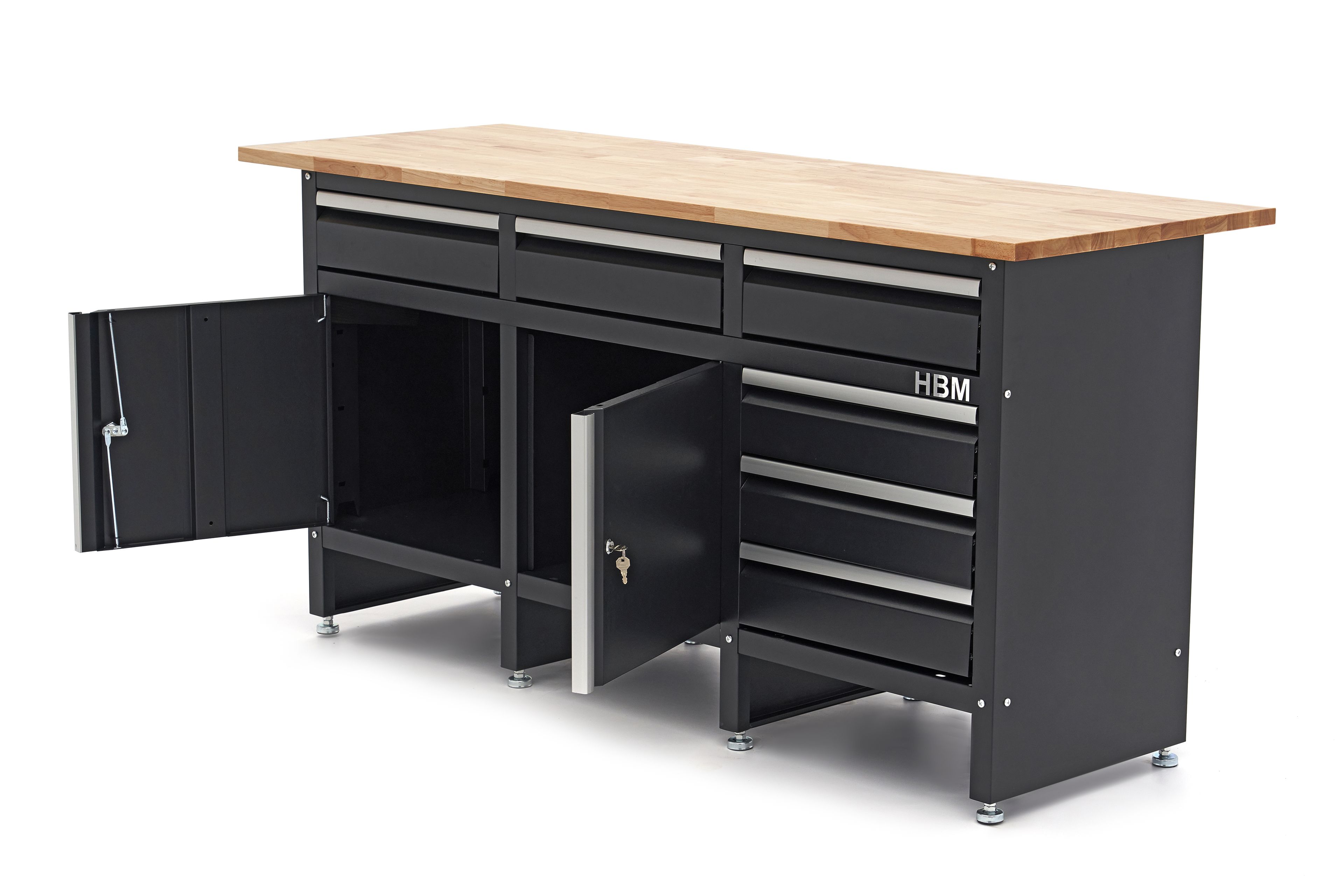 HBM Werkbank 171 cm mit 6 Schubladen und 2 Türen, massive Holzarbeitsplatte, schwarz Image 7