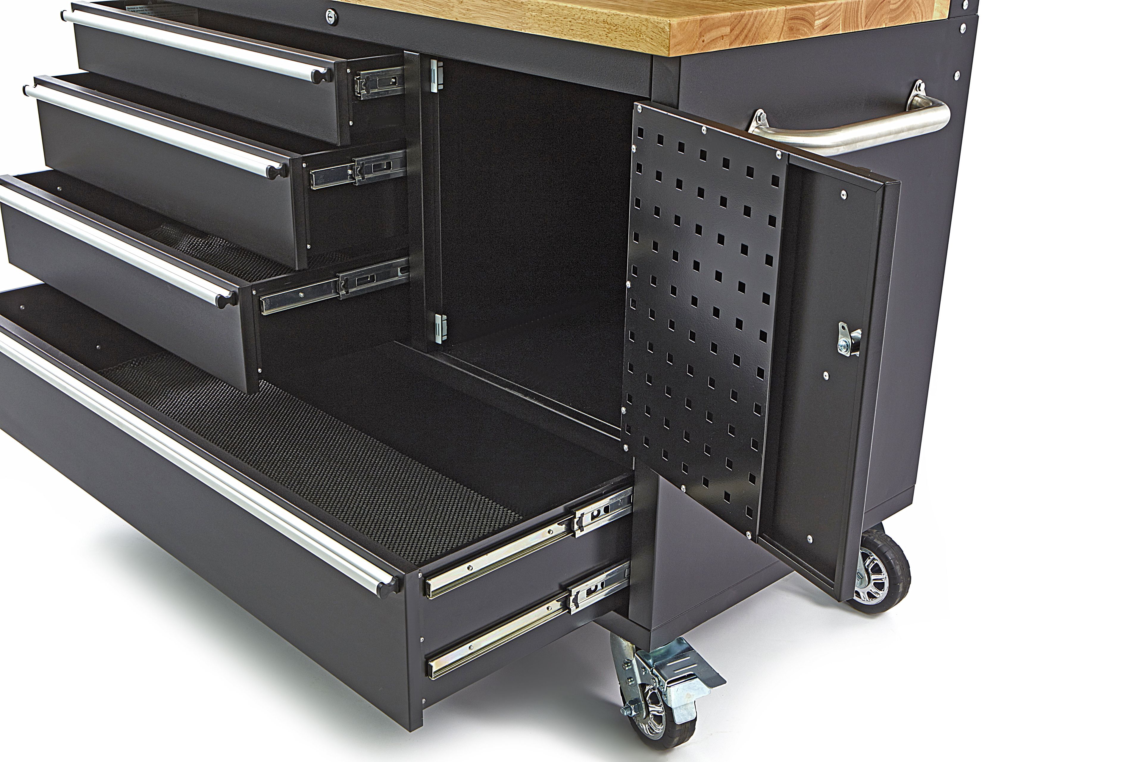 HBM werkbank 122 cm met 4 laden, kastenwand en achterwand, houten werkblad, zwart Image 8