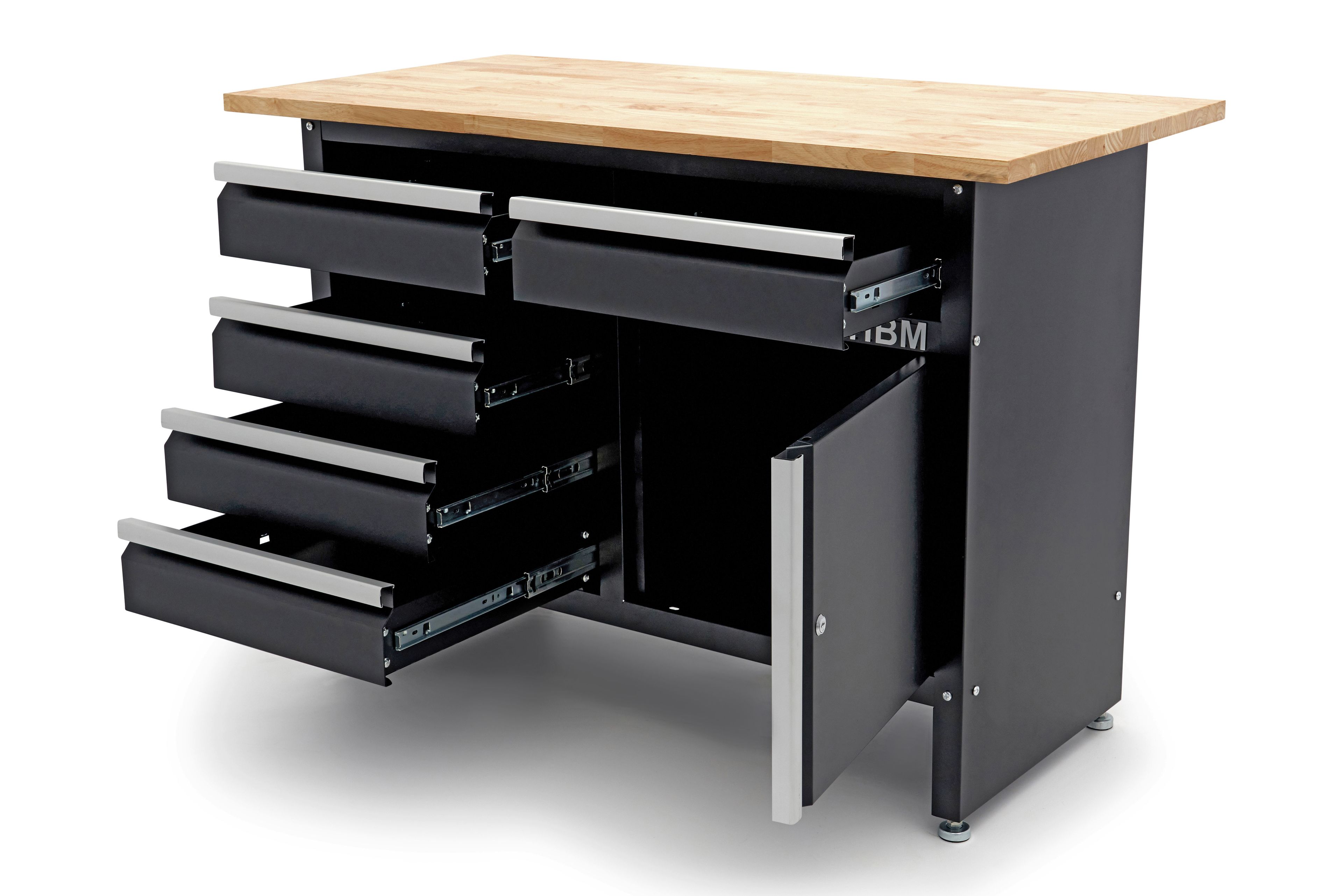 HBM banco da lavoro 120 cm con 5 cassetti e anta, piano di lavoro in legno massello, nero Image 7