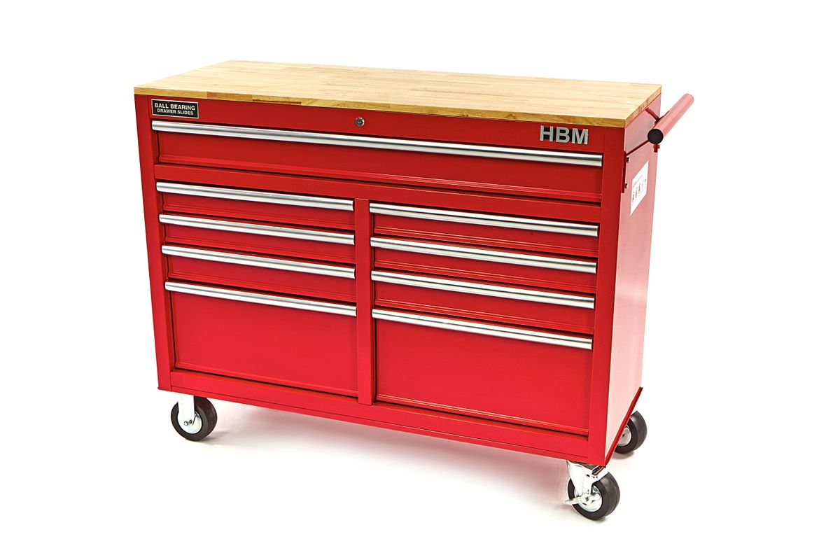 HBM Carro de herramientas con encimera de madera 117 cm, rojo