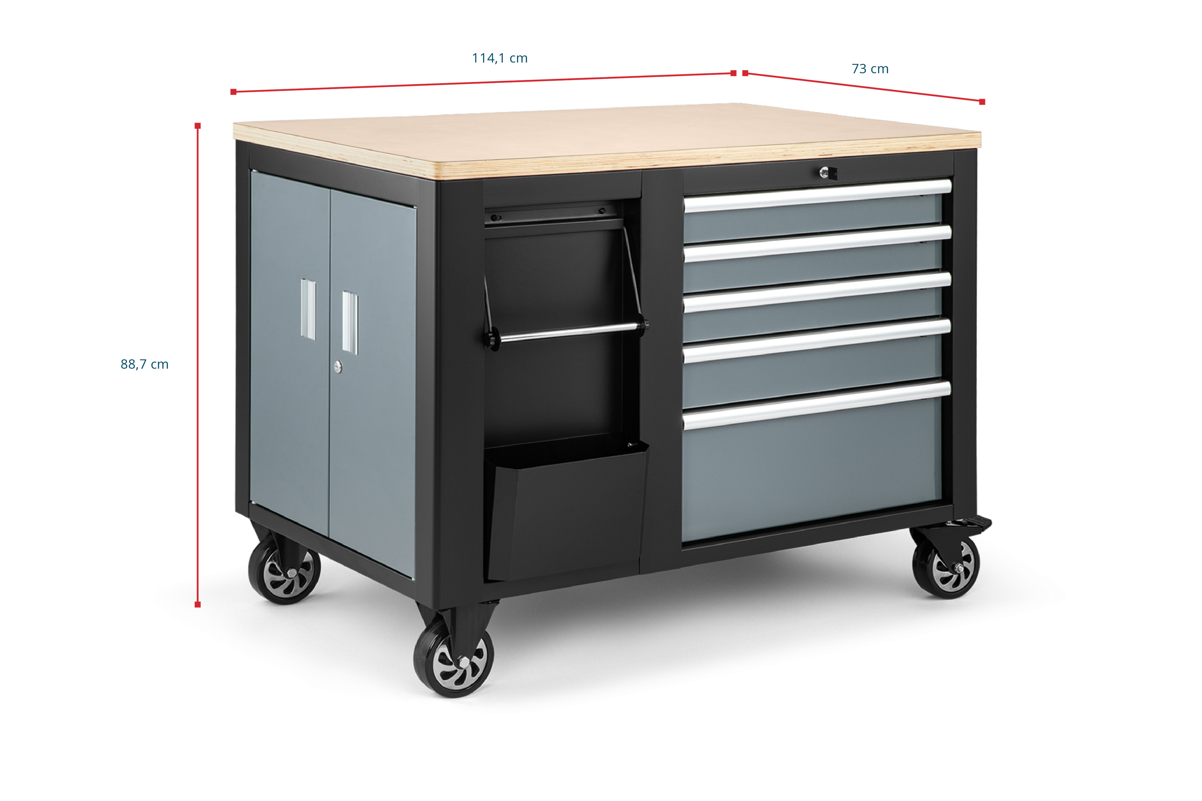 Carro de herramientas móvil HBM, banco de trabajo de 114 cm con tablero de trabajo de madera, negro/gris Image 8