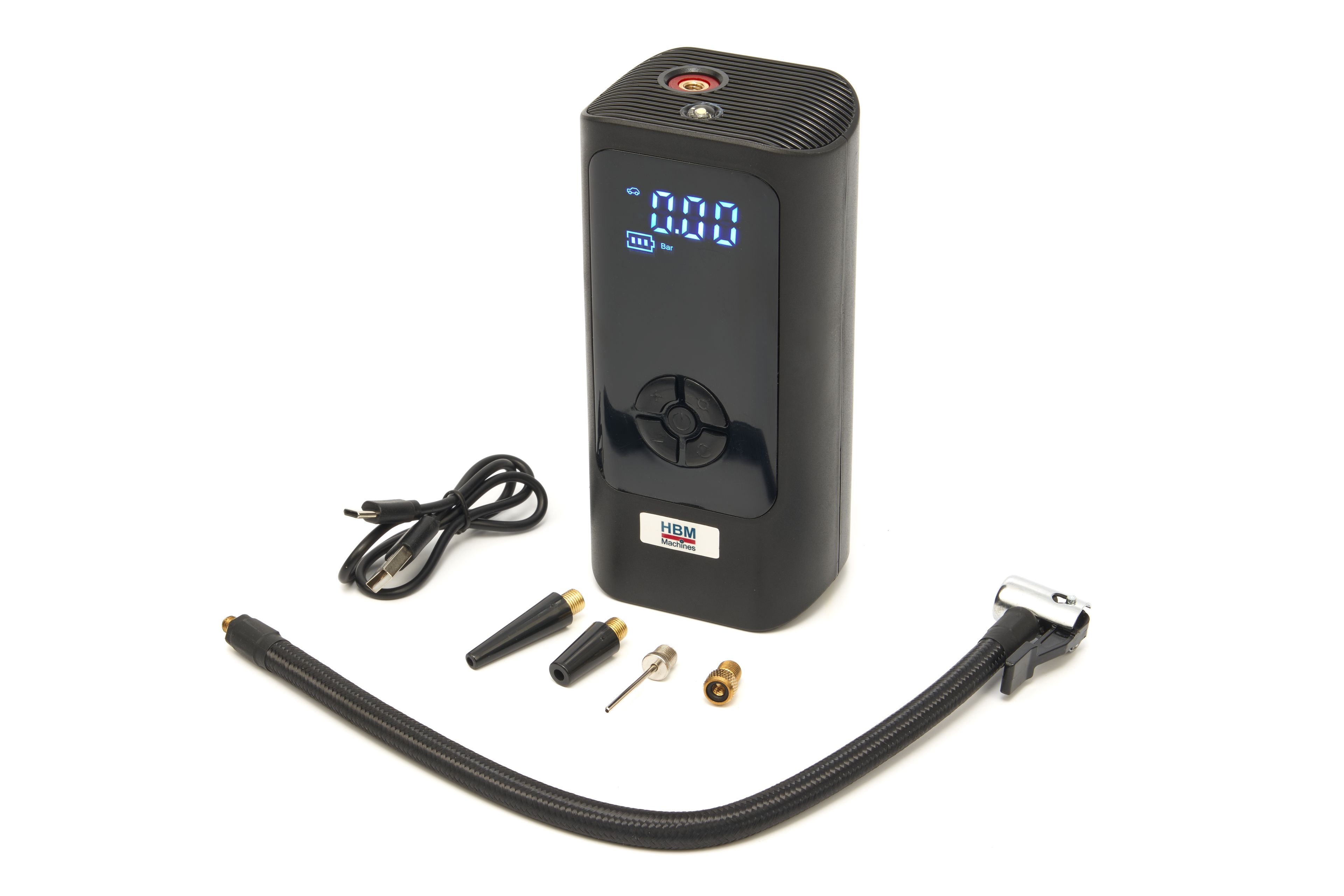 Pompa d'aria wireless HBM – 8 bar, 12V, display LCD, batteria ricaricabile