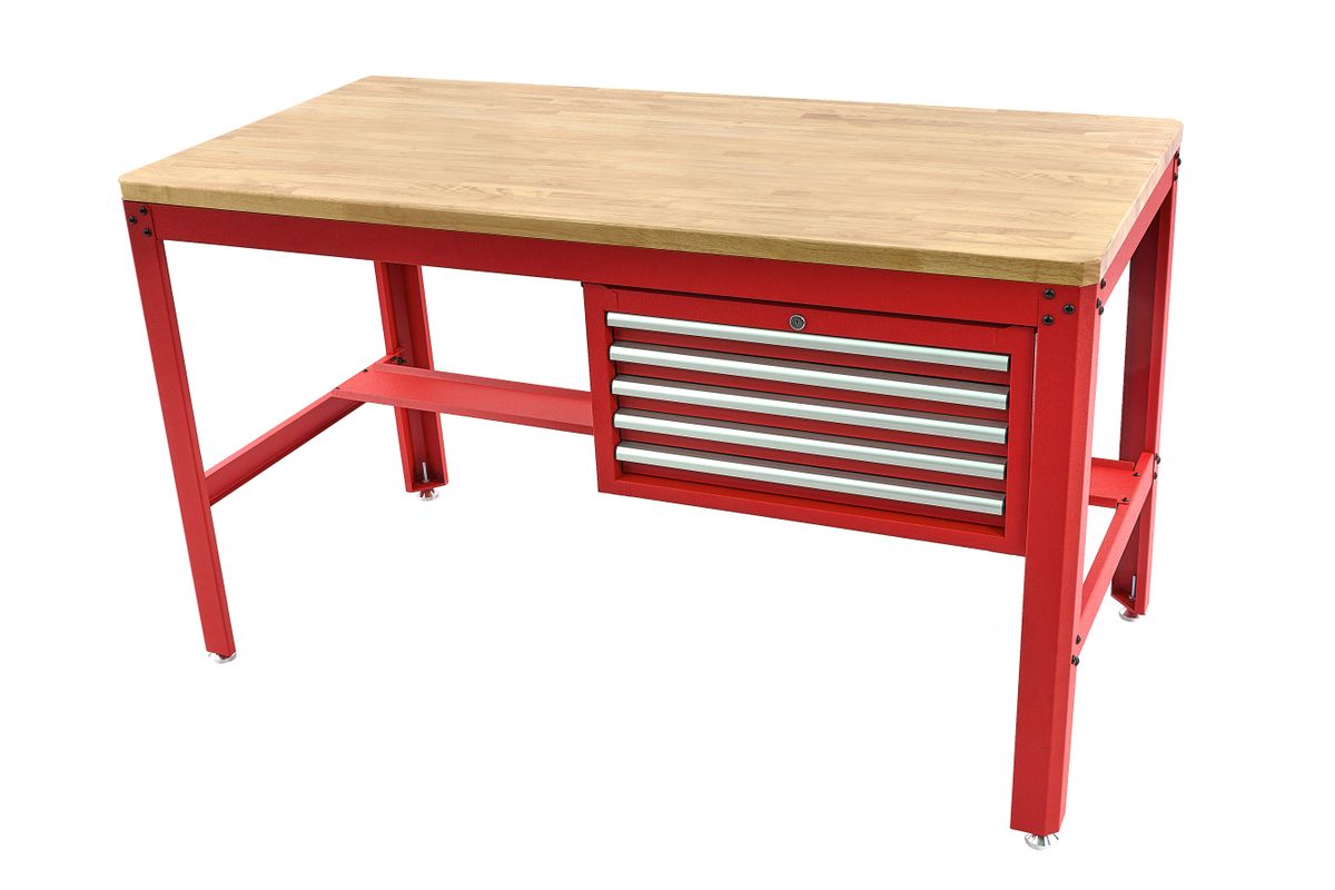 HBM banco de trabajo 155 cm con 5 cajones, encimera de madera, rojo