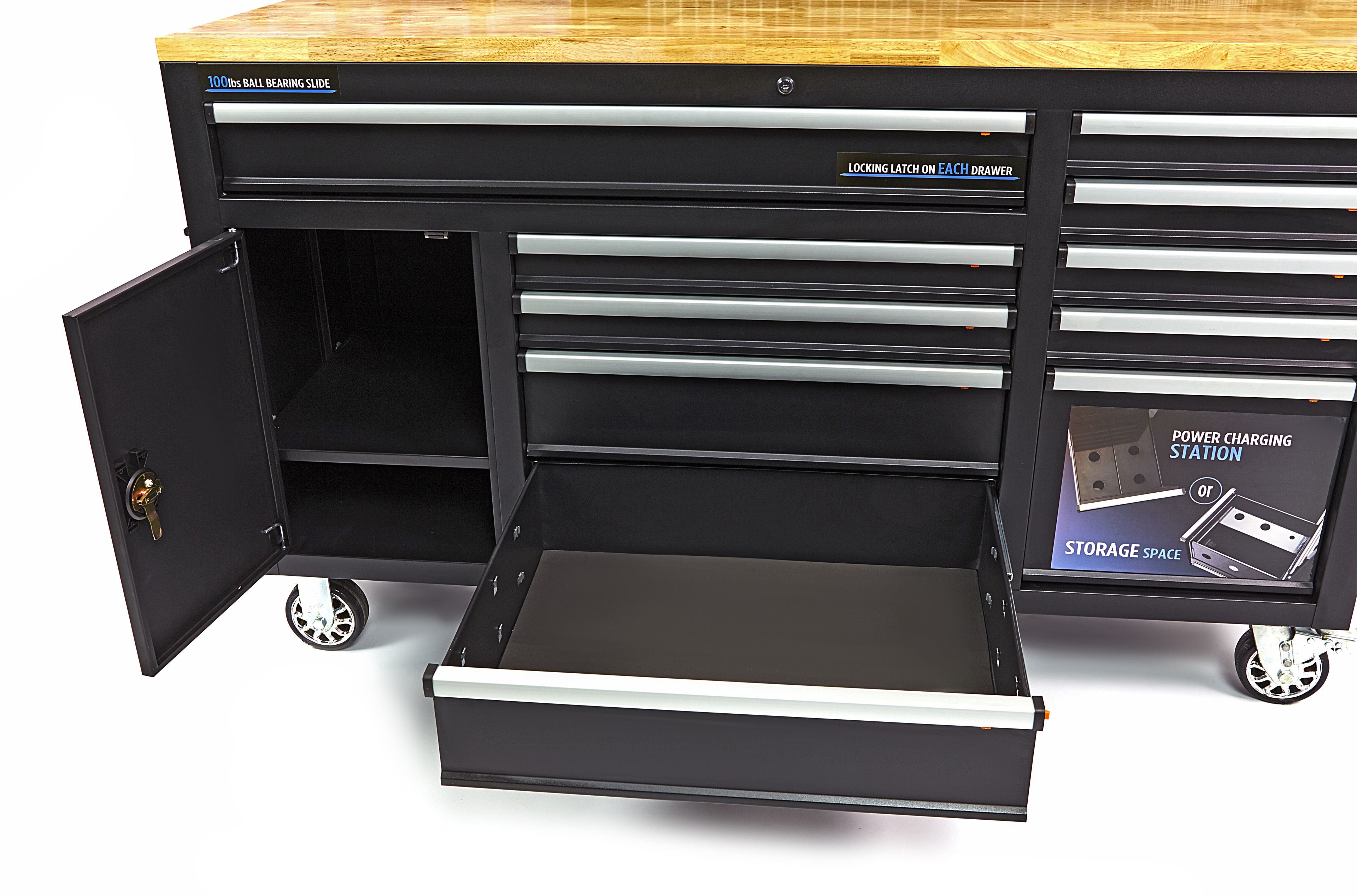 HBM werkbank 158 cm met 10 laden, deur en achterwand, zwart Image 7