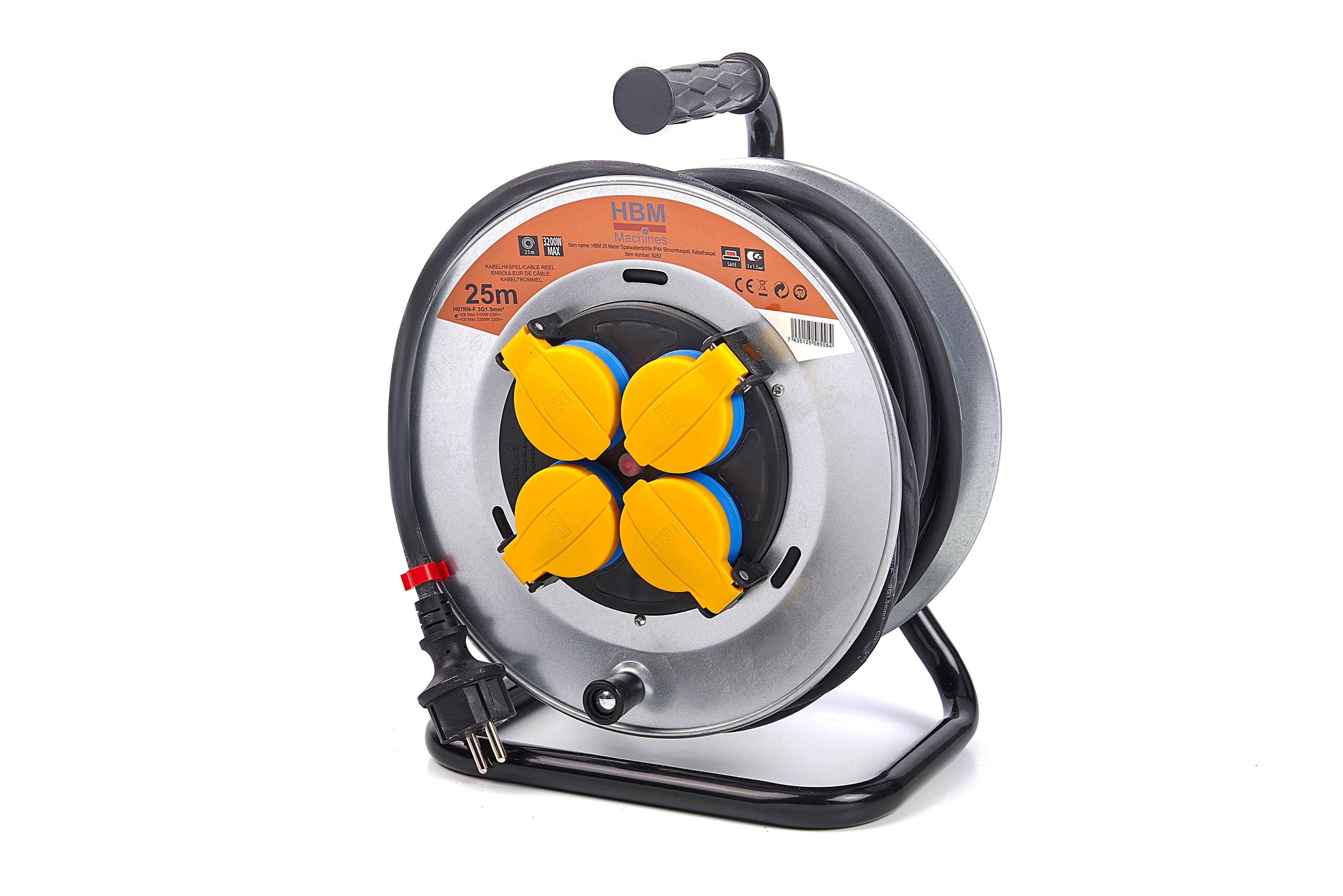 HBM 25 Meter Spatwaterdichte IP44 Stroomhaspel, Kabelhaspel 3 x 1,5 mm