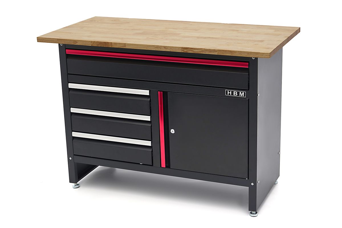 HBM Banco de trabajo 120 cm con 4 cajones, 1 puerta y tapa de madera - Negro