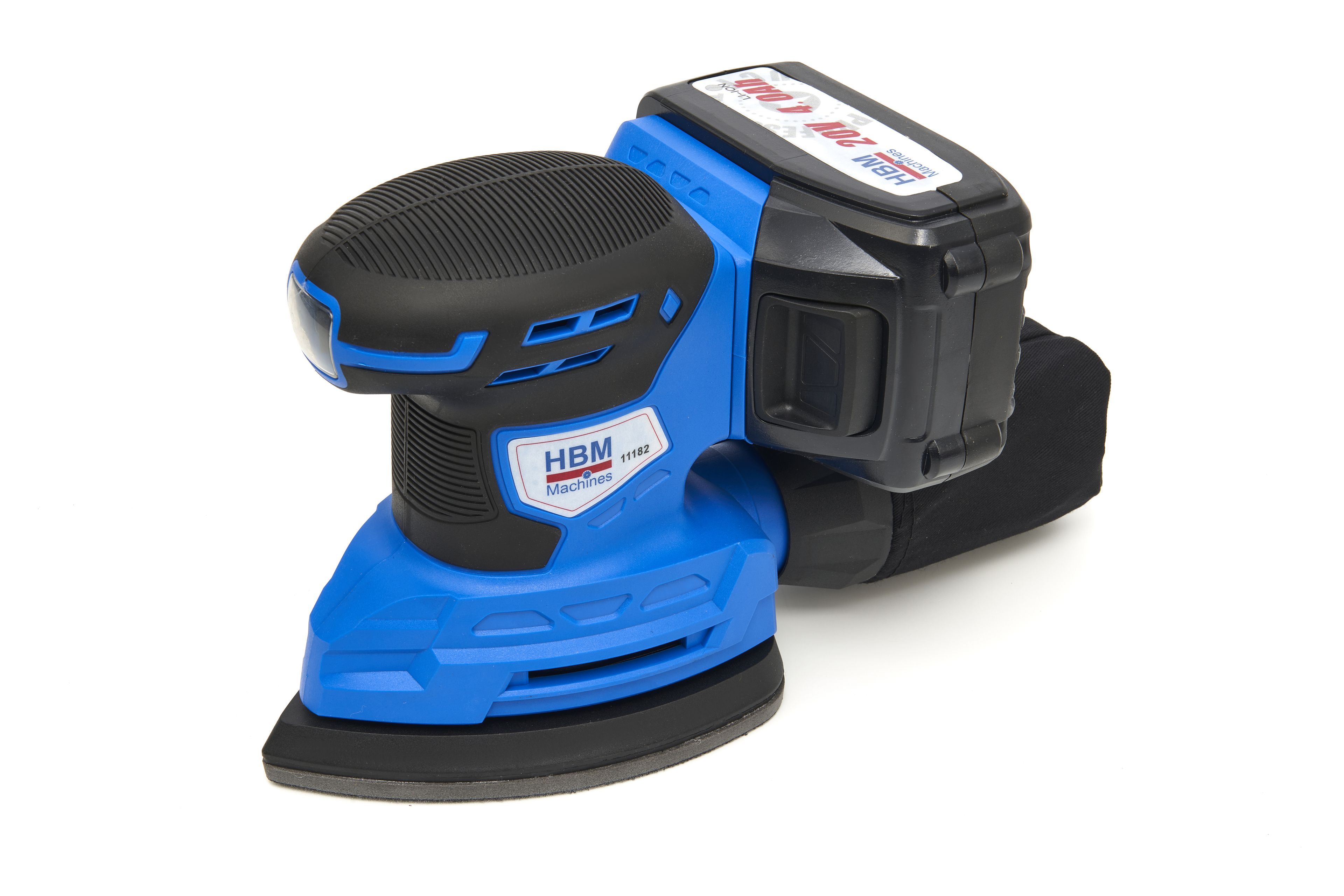 Máquina de lijado de palma HBM Profesional de 20 Voltios 4,0AH Lion con 2 baterías Lion y 15 hojas de lijado