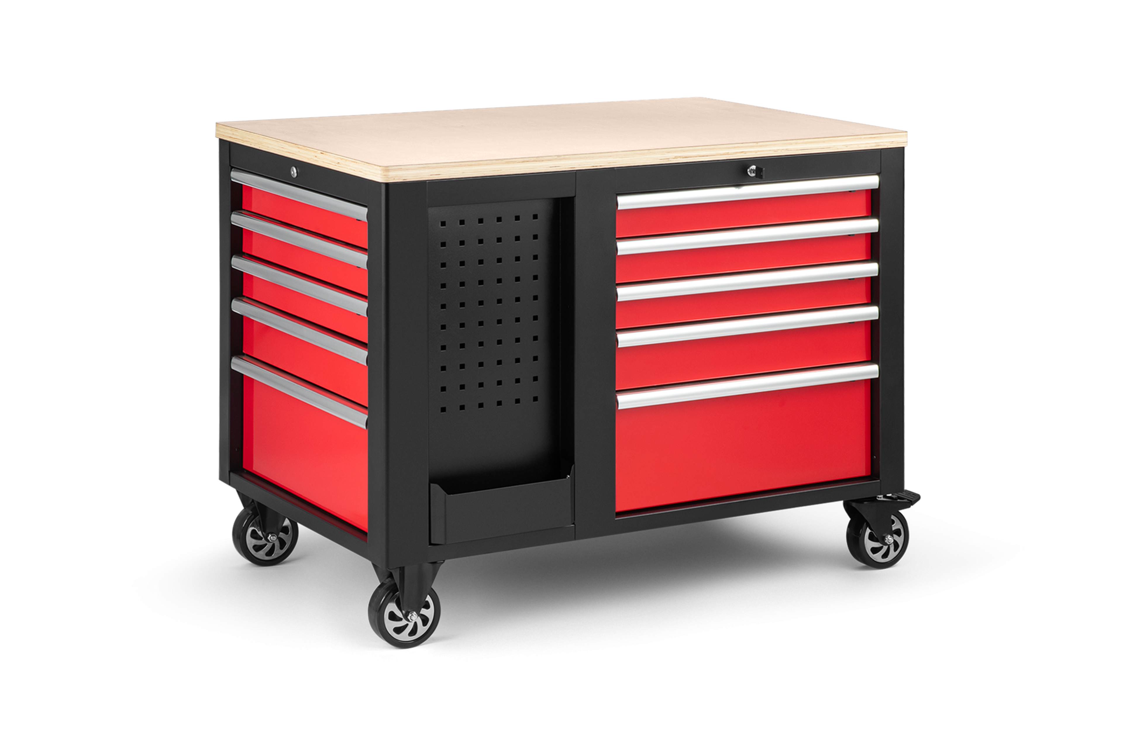 HBM fahrbare Werkbank mit Holzplatte und 10 Schubladen, rot-schwarz Image 4