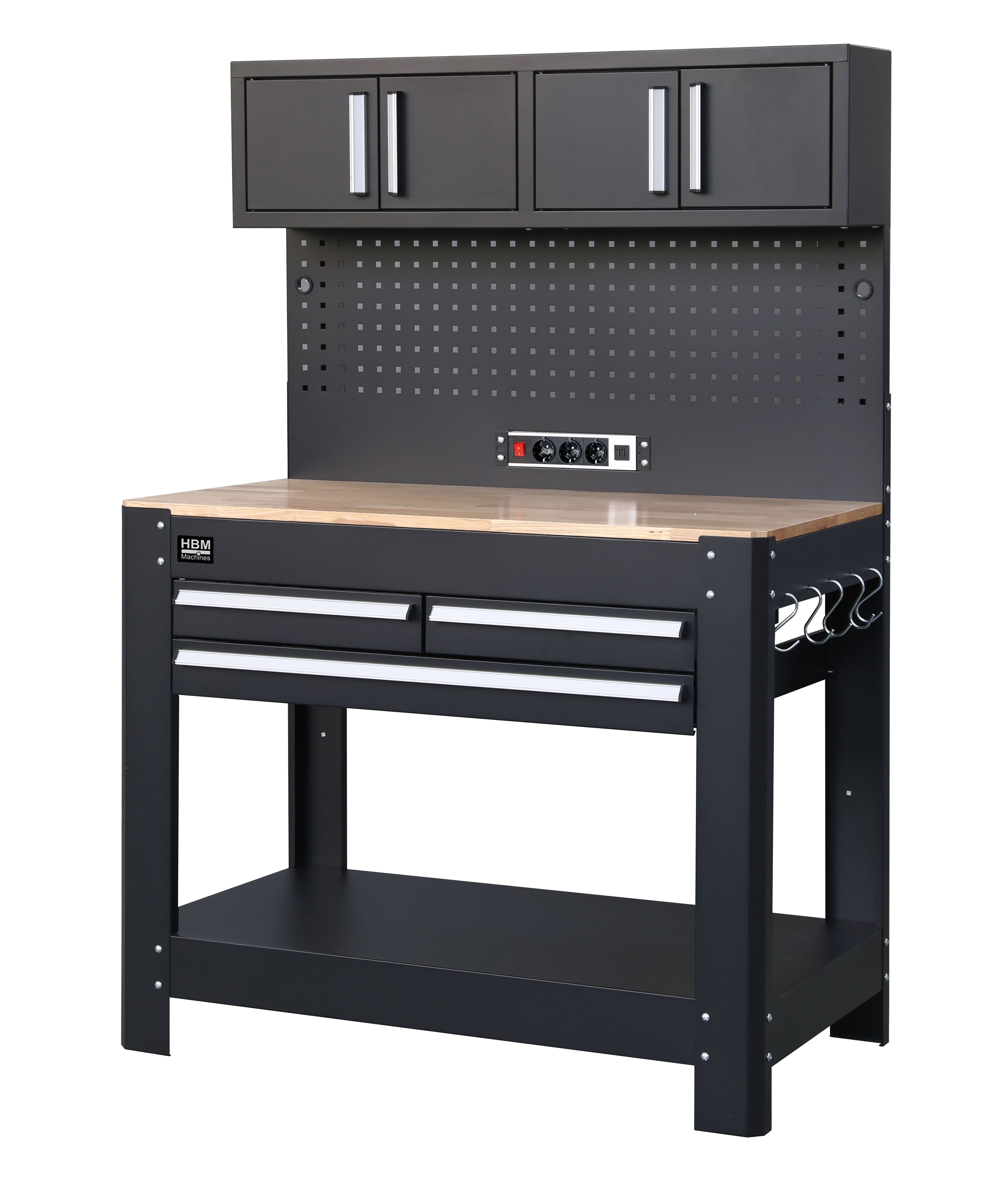 HBM werkbank 114 cm met 3 laden, kastenwand en achterwand, zwart
