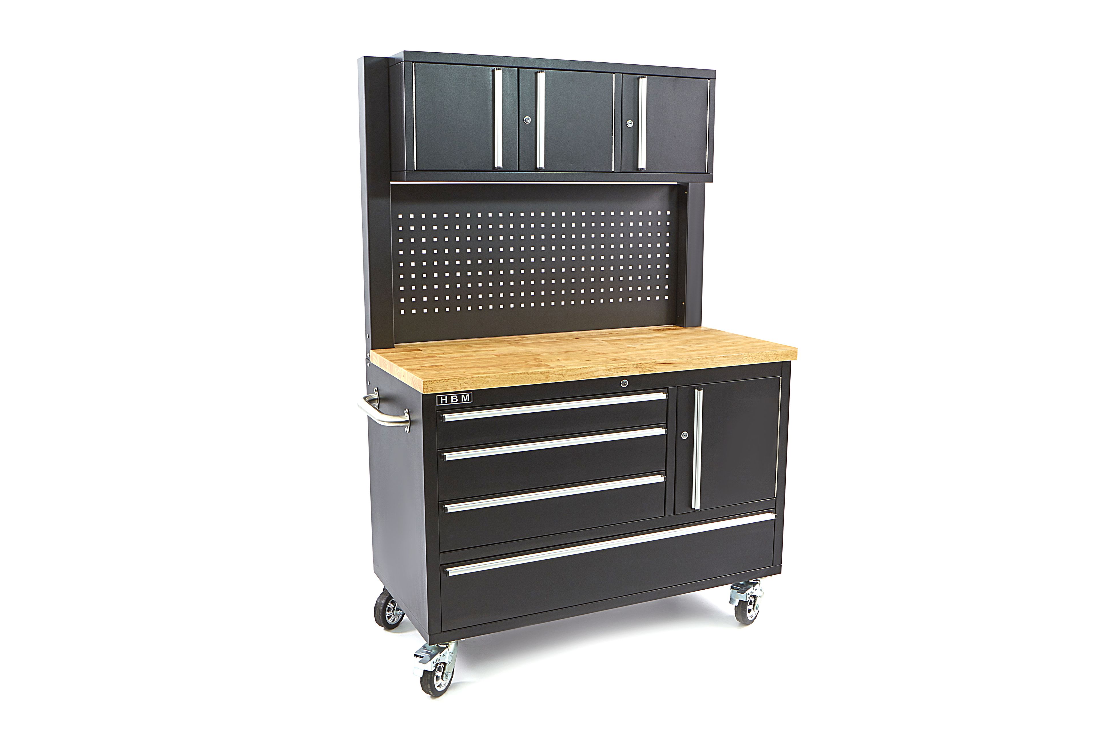 HBM werkbank 122 cm met 4 laden, kastenwand en achterwand, houten werkblad, zwart Image 2