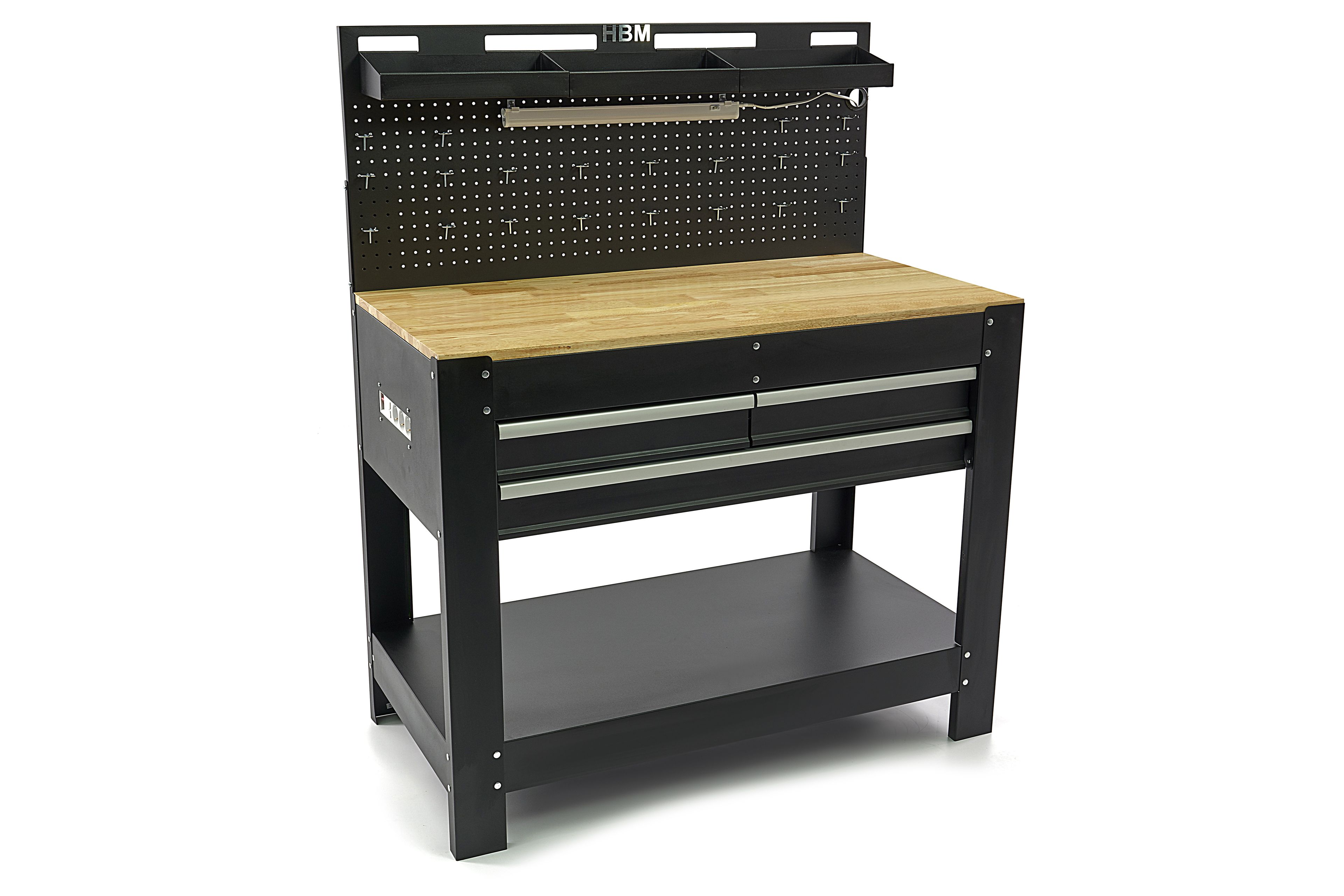 HBM werkbank 115 cm met 3 laden, houten werkblad en achterwand, zwart Image 5
