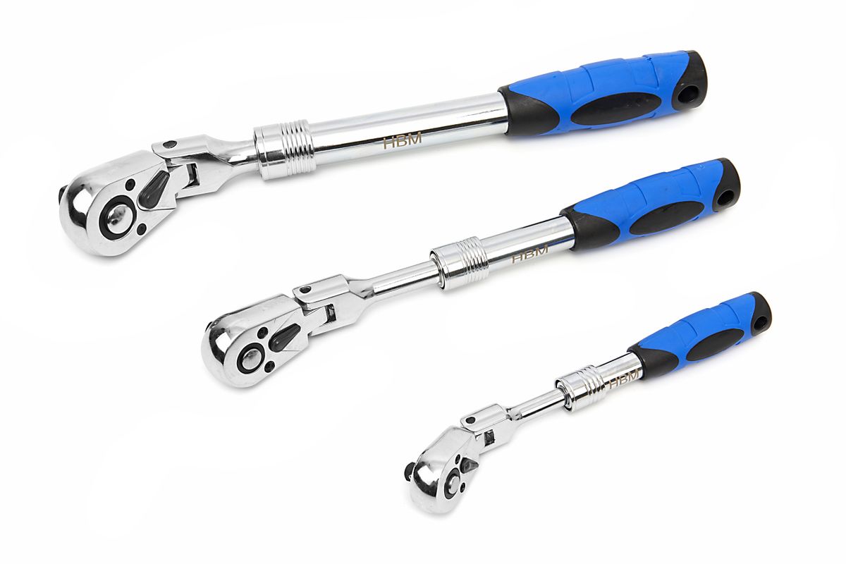 Set de trinquetes extensibles HBM de 3 piezas con cabezales inclinables