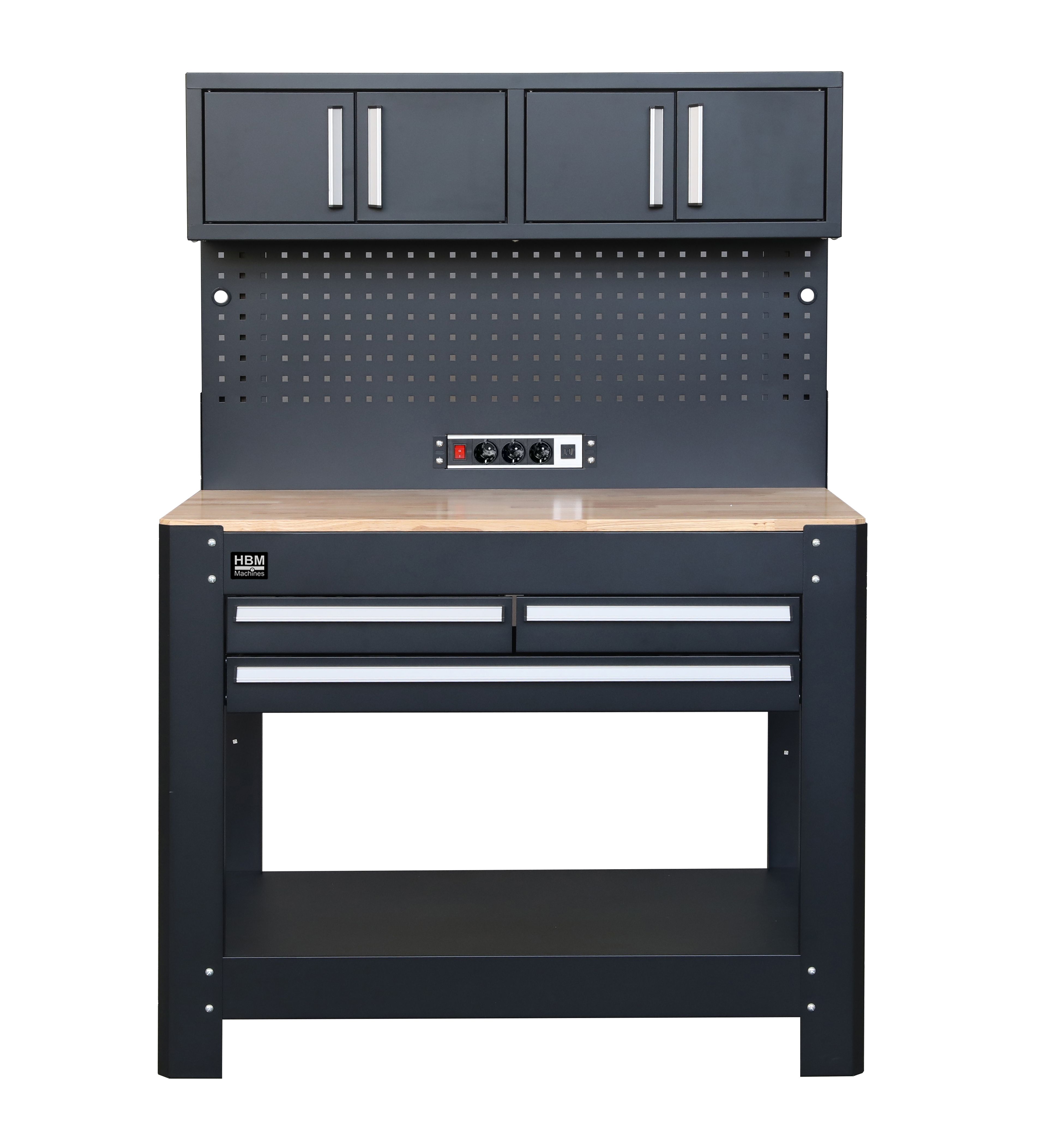 HBM werkbank 114 cm met 3 laden, kastenwand en achterwand, zwart Image 3