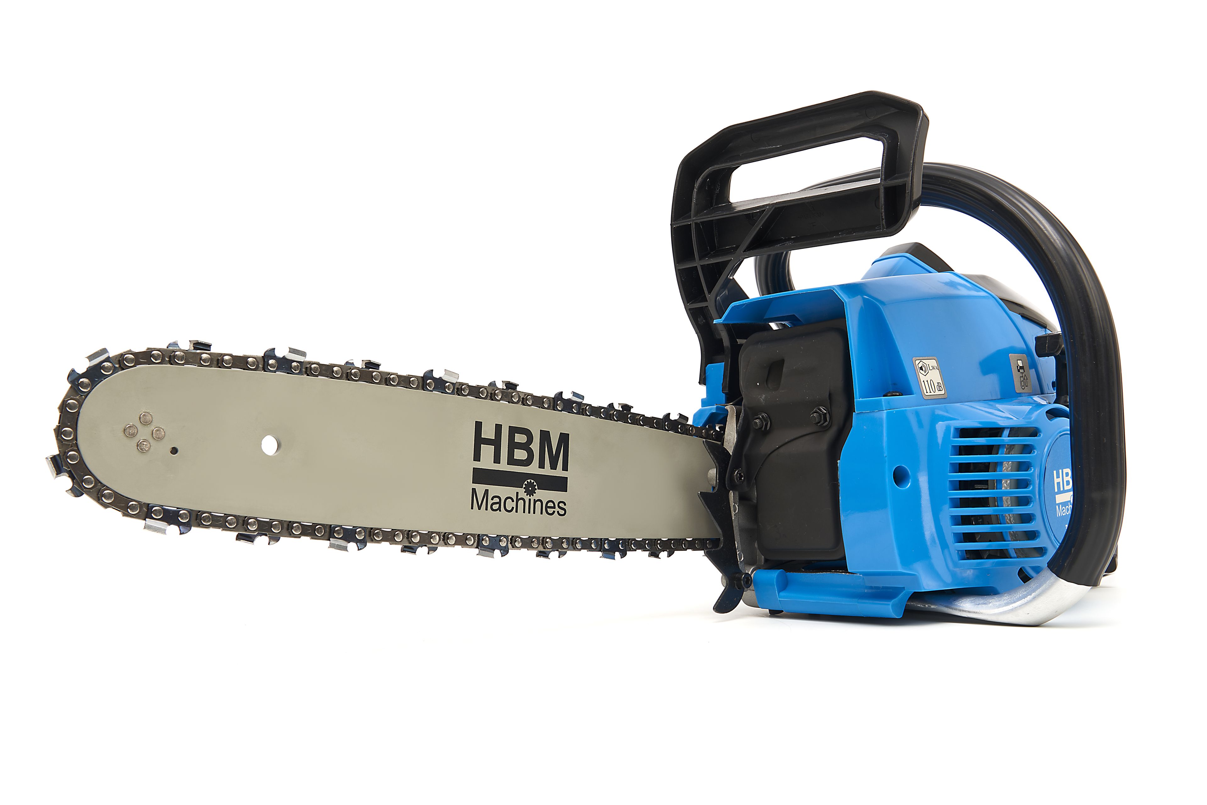 Tronçonneuse HBM de 38 cm3 avec une lame de 350 mm et un moteur à essence à deux temps.