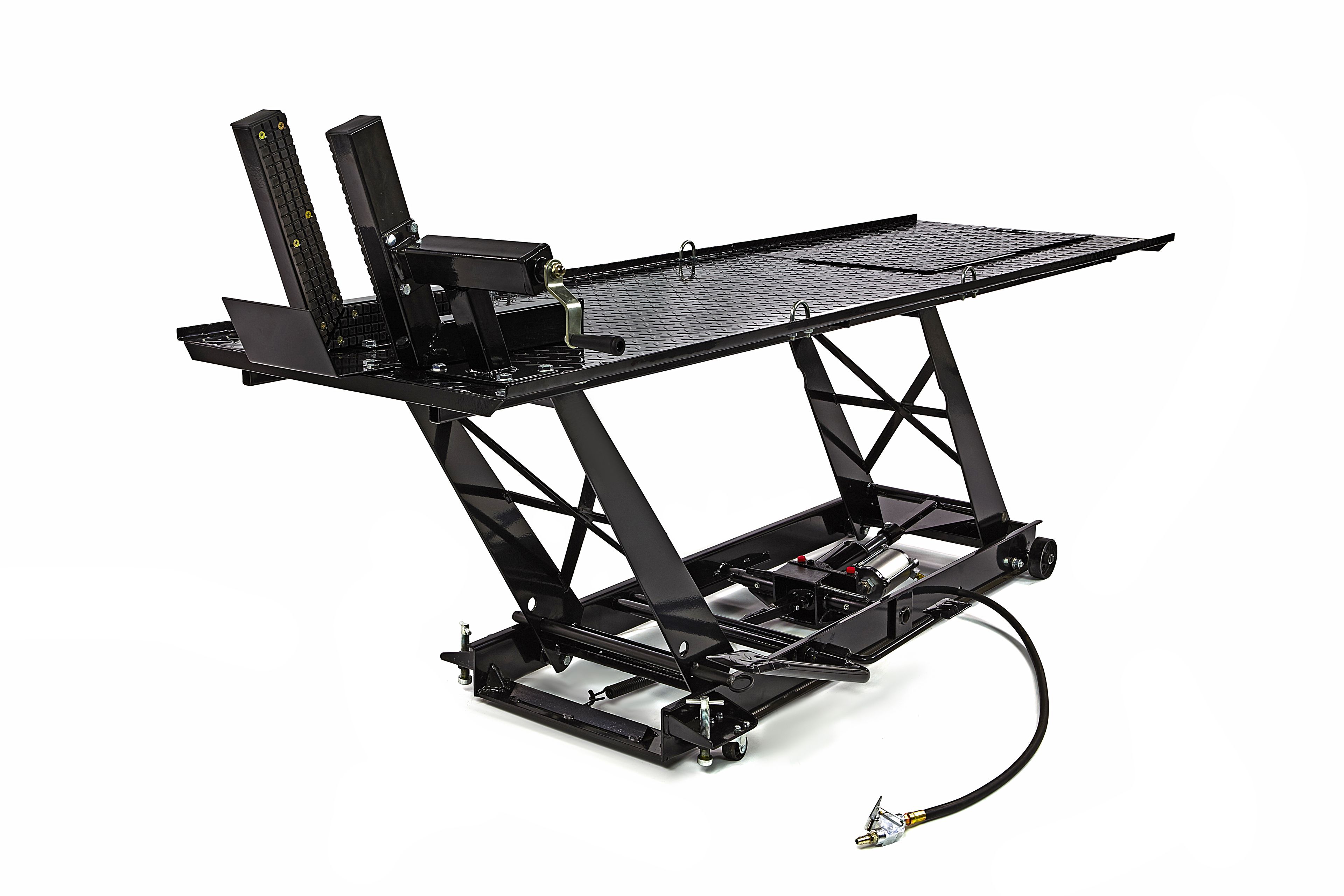 HBM 450 kg Motorradhebebühne hydraulisch, pneumatisch, mit Deluxe-Vorderradklemme, schwarz Image 3